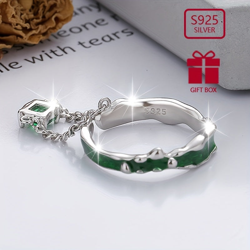 💚 Enchanted Green Zirconia Pendant Ring – S925 Sterling Silver Retro Luxury ✨