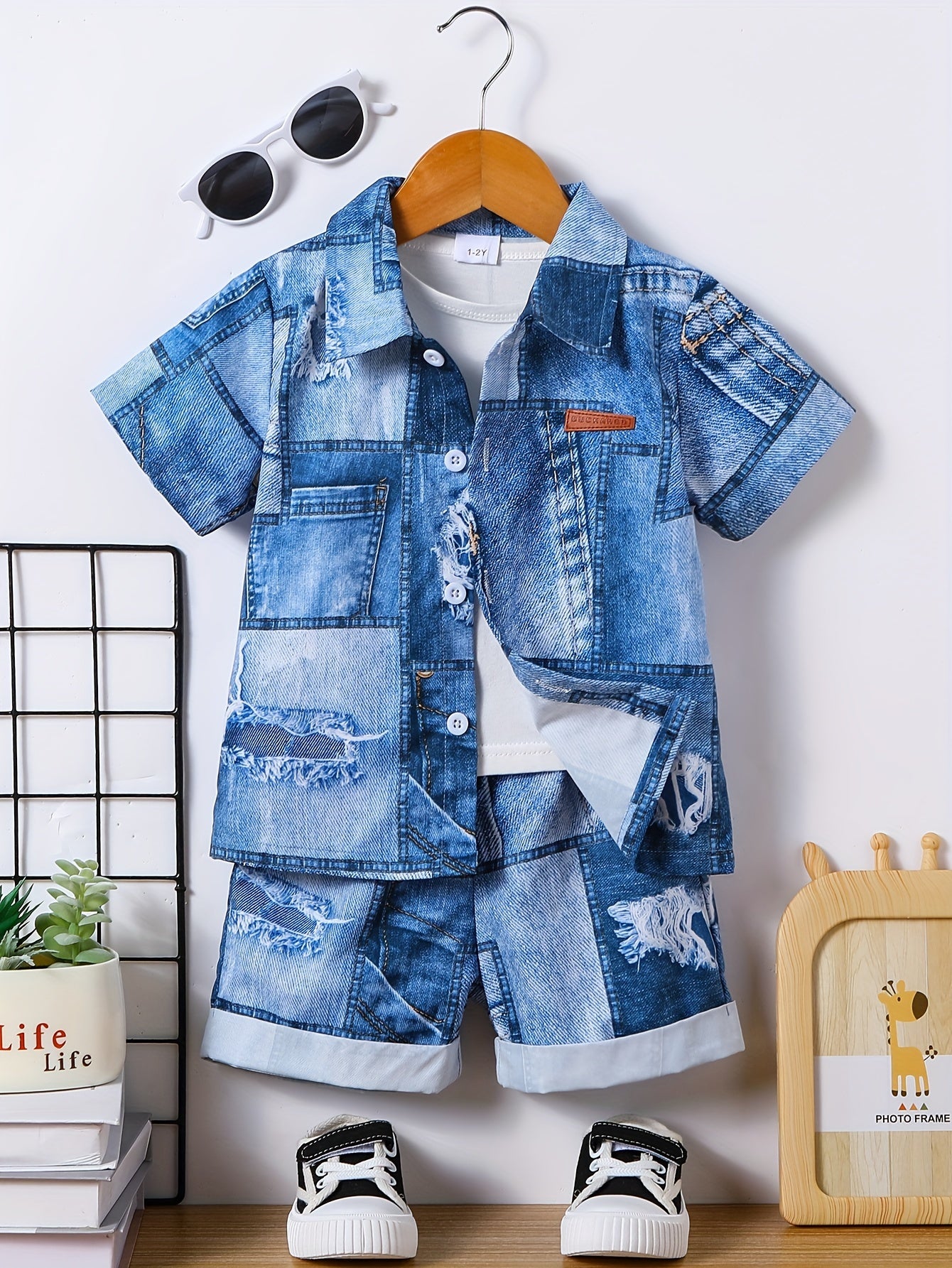 👖 2-Piece Boys' Casual Imitation Denim Shirt & Shorts Set – Cool & Comfy Summer Outfit 🌟