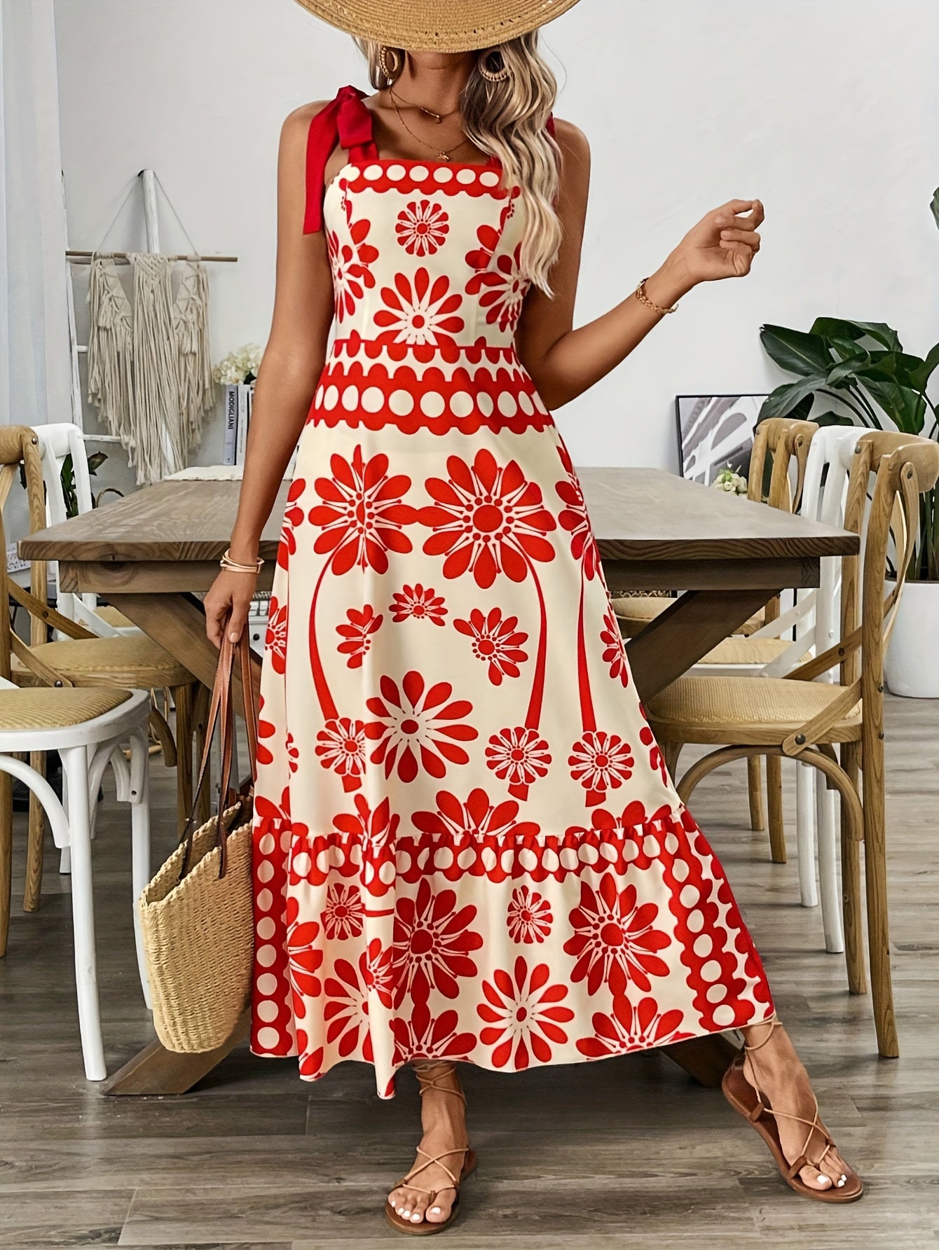 🌼 Ethnic Print Tie Shoulder A-Line Maxi Dress