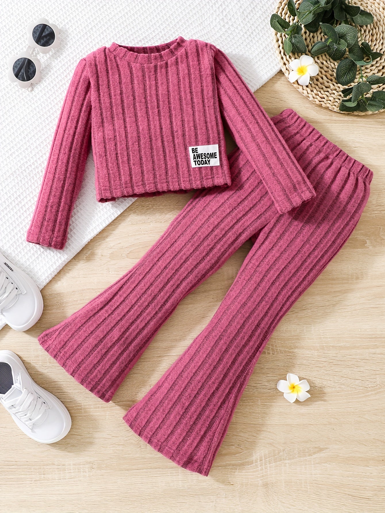 🌸 Toddler Girls 2-Piece Ribbed Outfit Set - Crew Neck Long Sleeve Pullover + Flare Pants