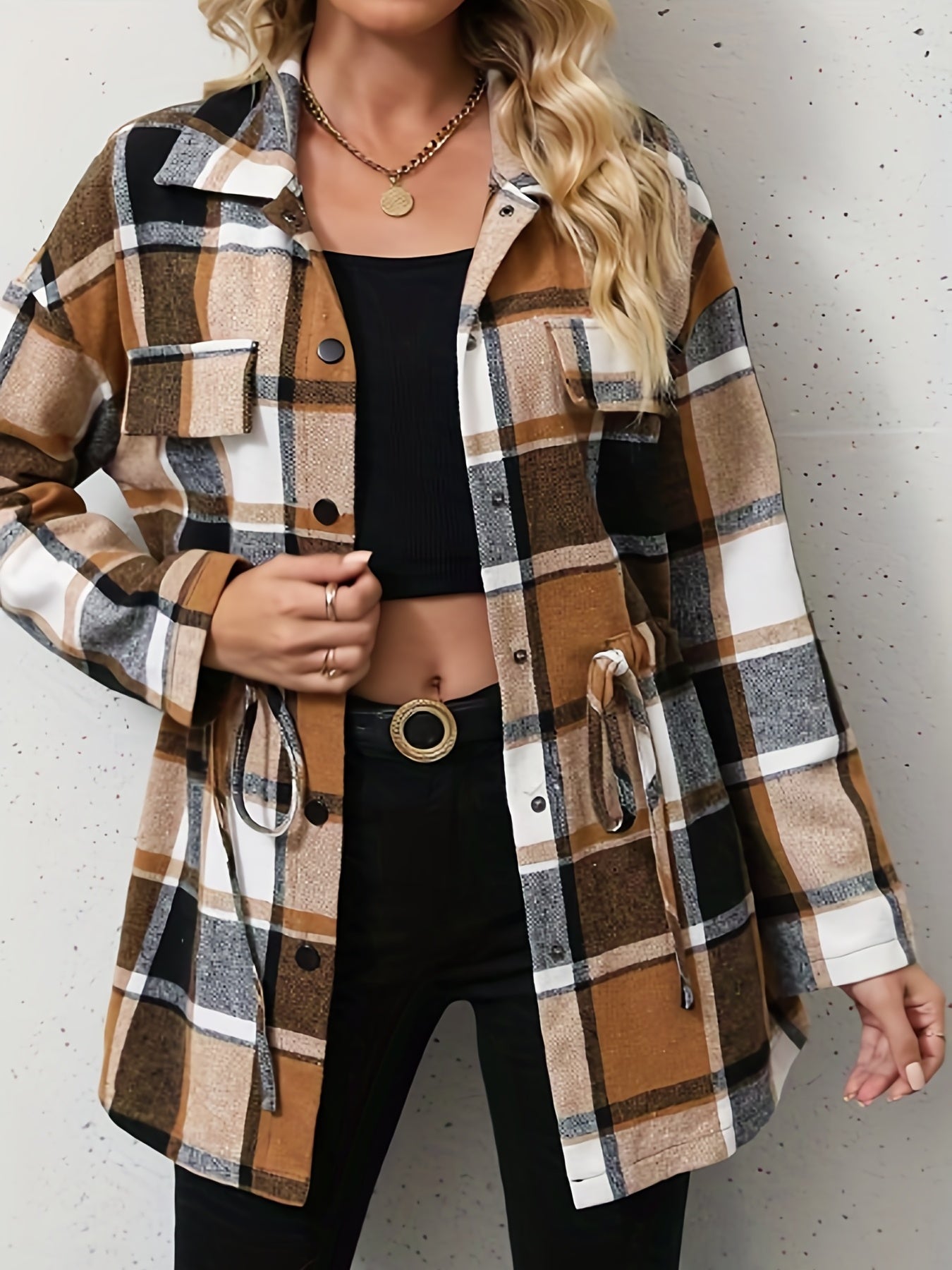 Plaid Pattern Drawstring Coat 🧥🔗