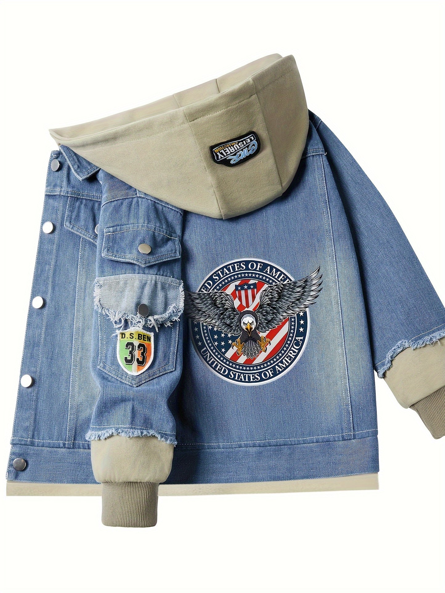 🦅 Boys' Casual Eagle Print Denim Hooded Jacket 🌟