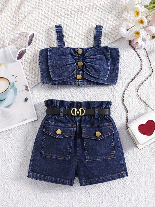 👧 Trendy Denim Set: Bow Décor Suspender Top + Ruffle High-Rise Jean Shorts 👖