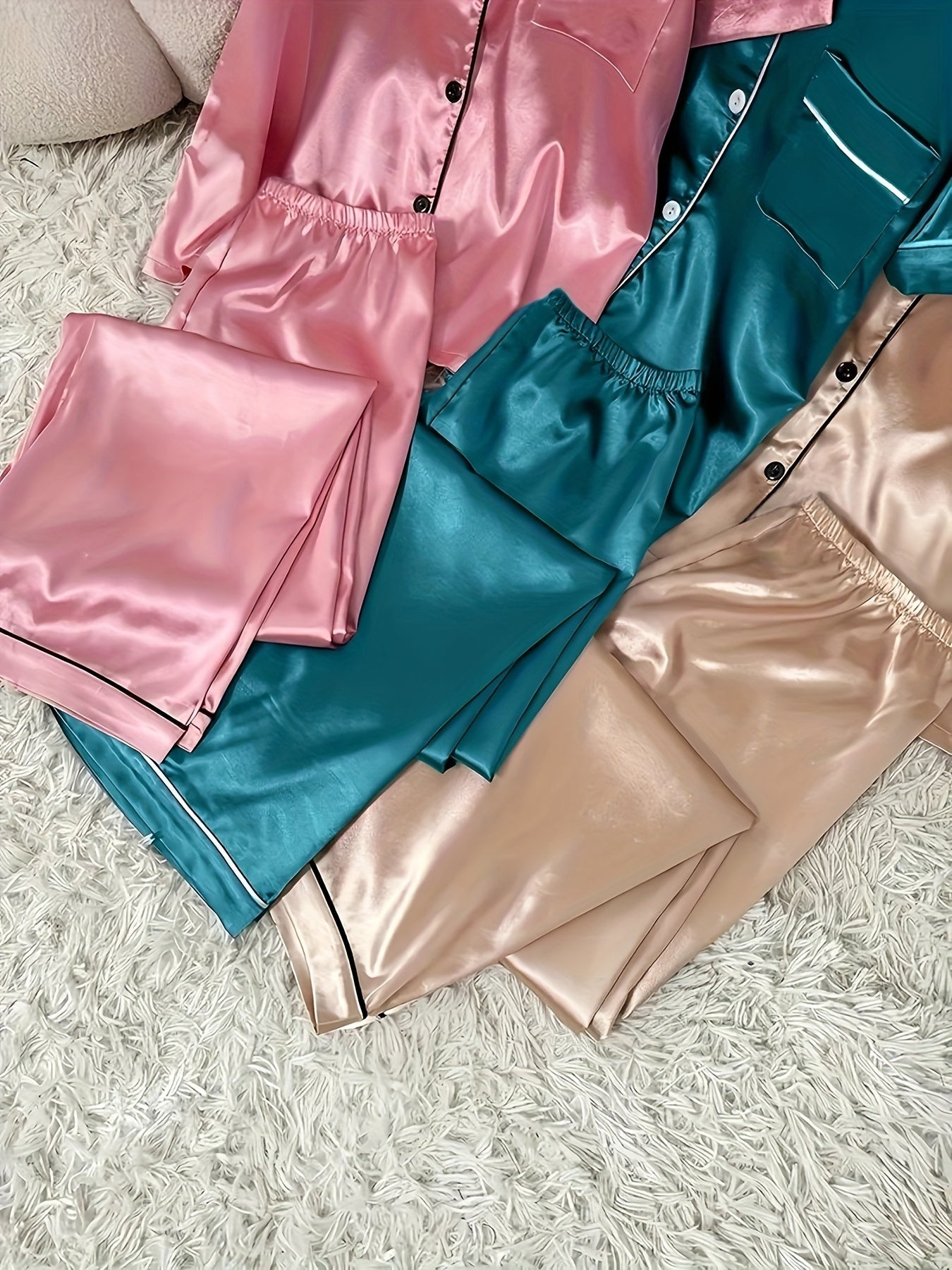 3 Sets Women's Solid Satin Casual Pajama Set ✨