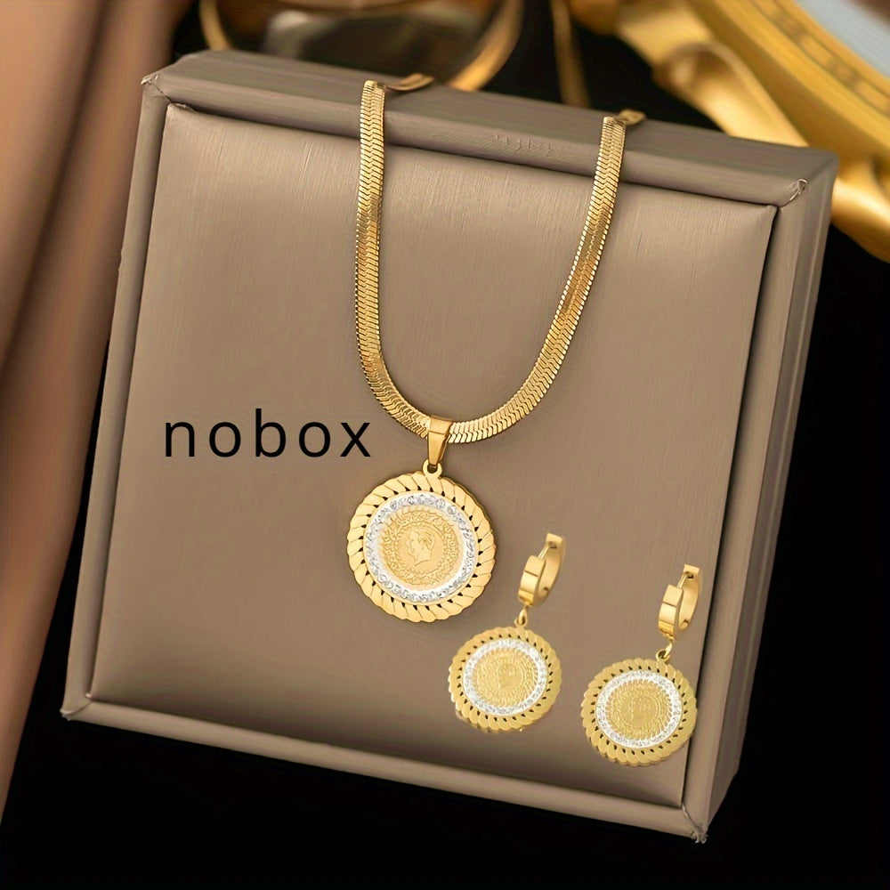 Golden Cubic Zirconia Round Portrait Necklace & Stud Earrings Set 👑✨