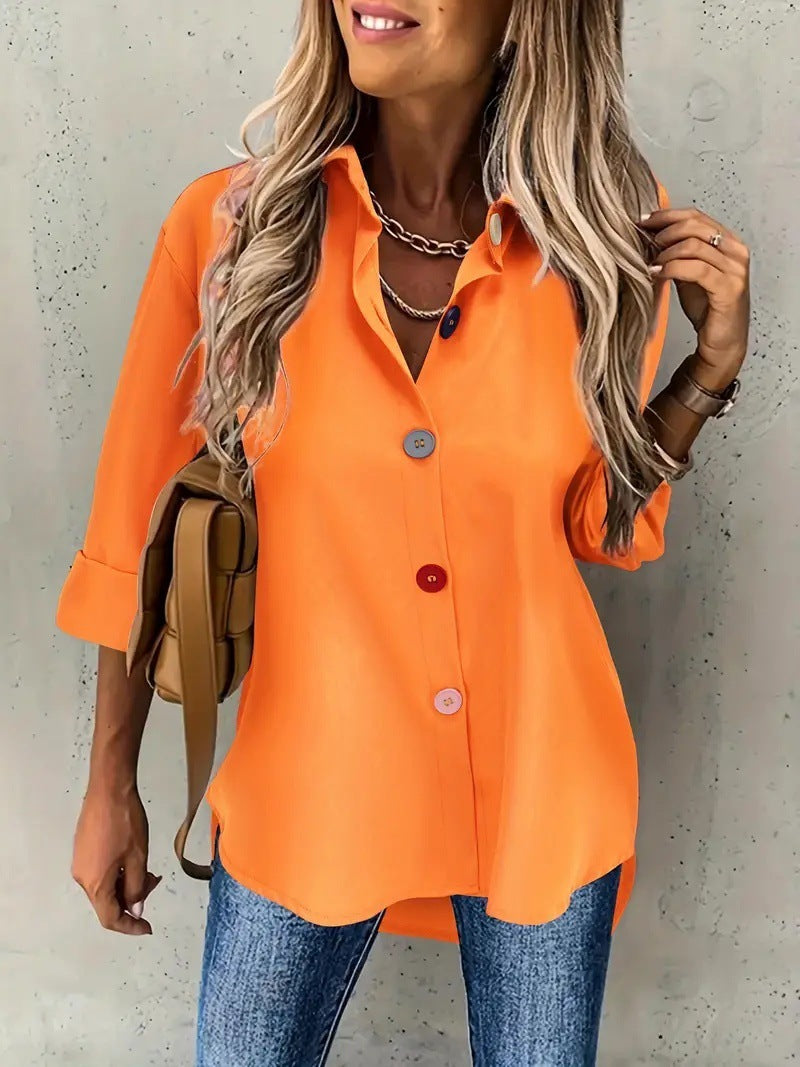 Casual Women's Solid Color Buttons Long Sleeve Shirt Top