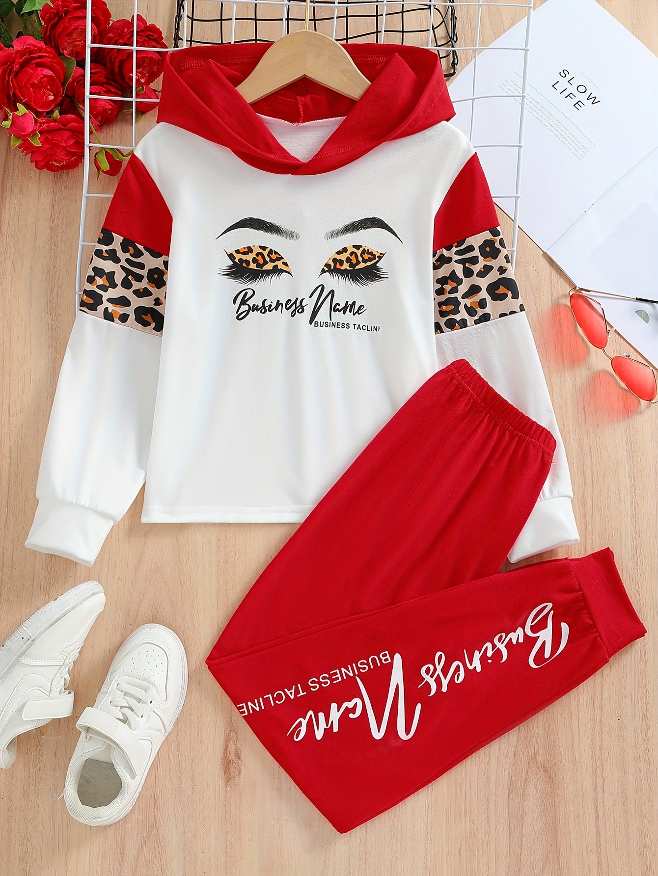 🐆 Girls' Eyelashes & Leopard Print Hoodie with Letter Print Trousers – 2-Piece Kids' Outfit 🌟