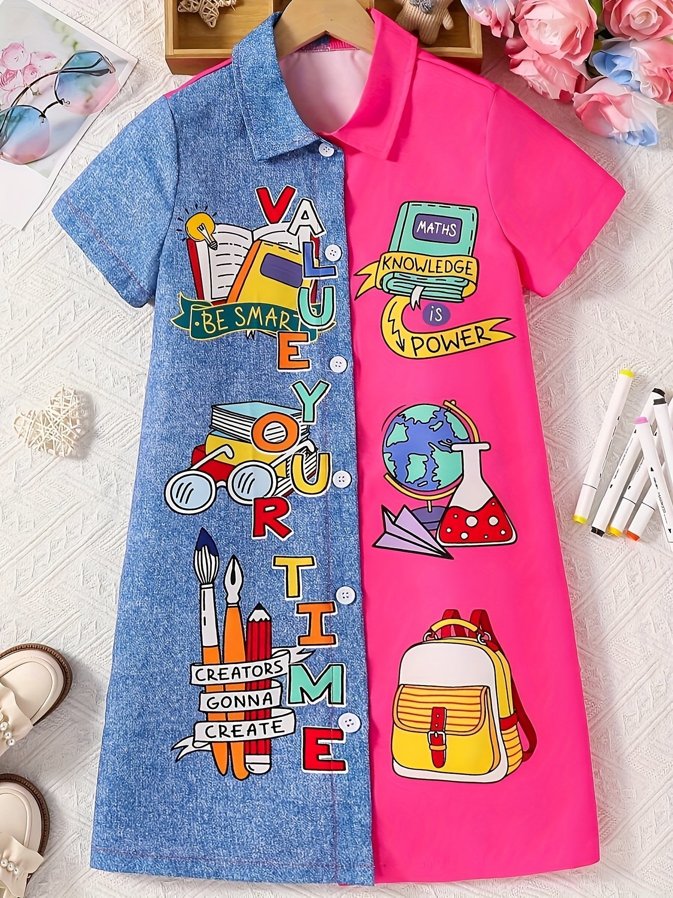 👗 Tween Girls' Color Block Stationery Pattern Short Sleeve Dress