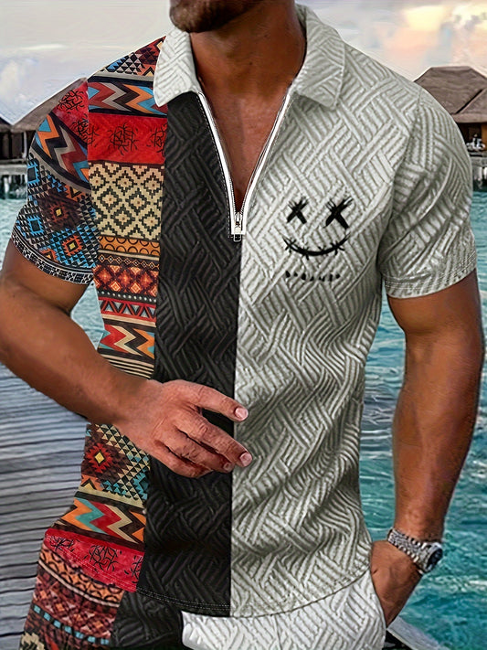 💜 Trendy Grimace Pattern Print Men's Zip Up Graphic Polo Shirt