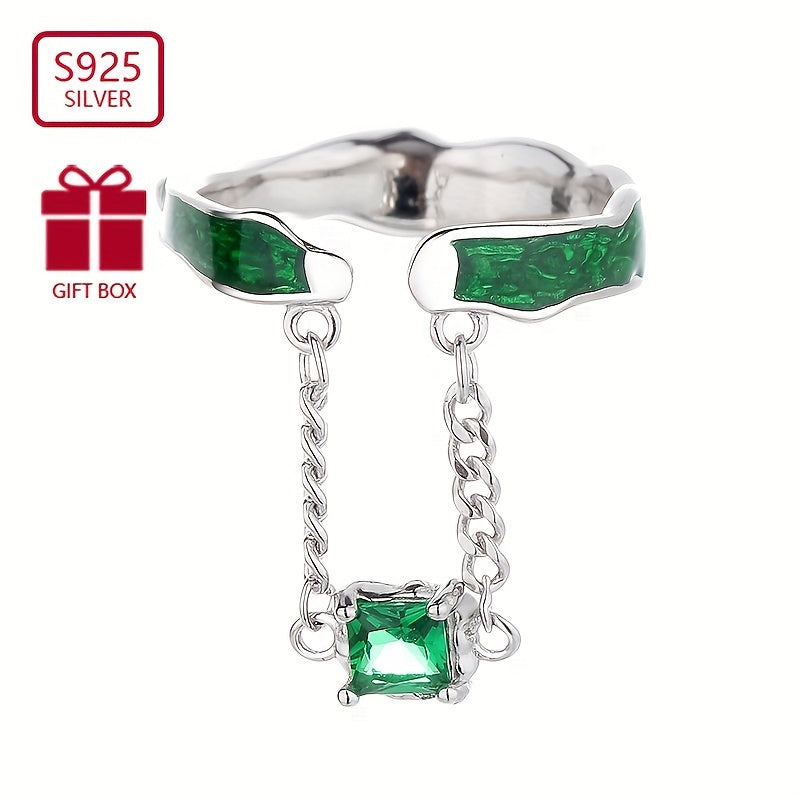 💚 Enchanted Green Zirconia Pendant Ring – S925 Sterling Silver Retro Luxury ✨