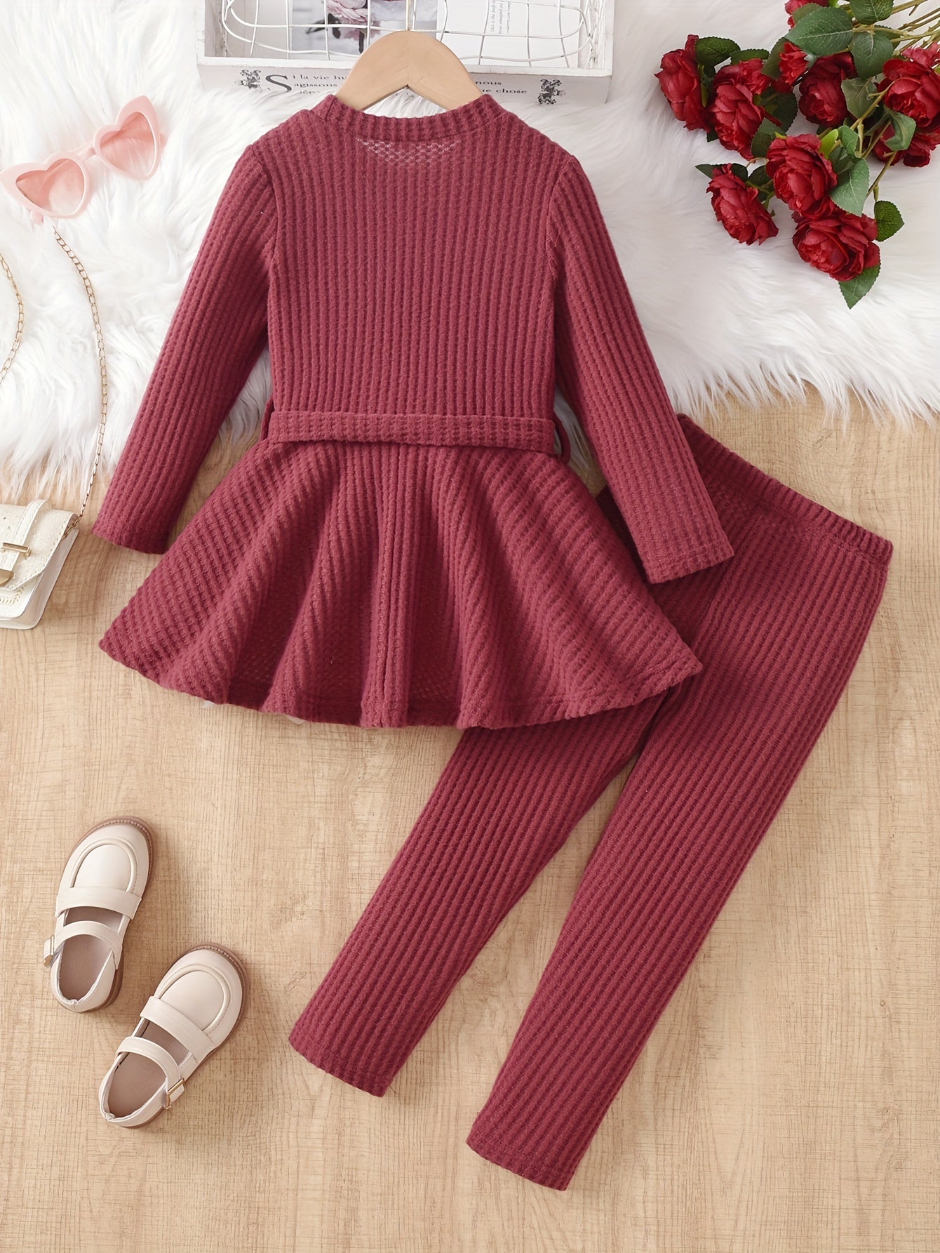 💖 Girls' Casual Waffle Knit Pullover Top with Bow and Long Sleeve Pants Set