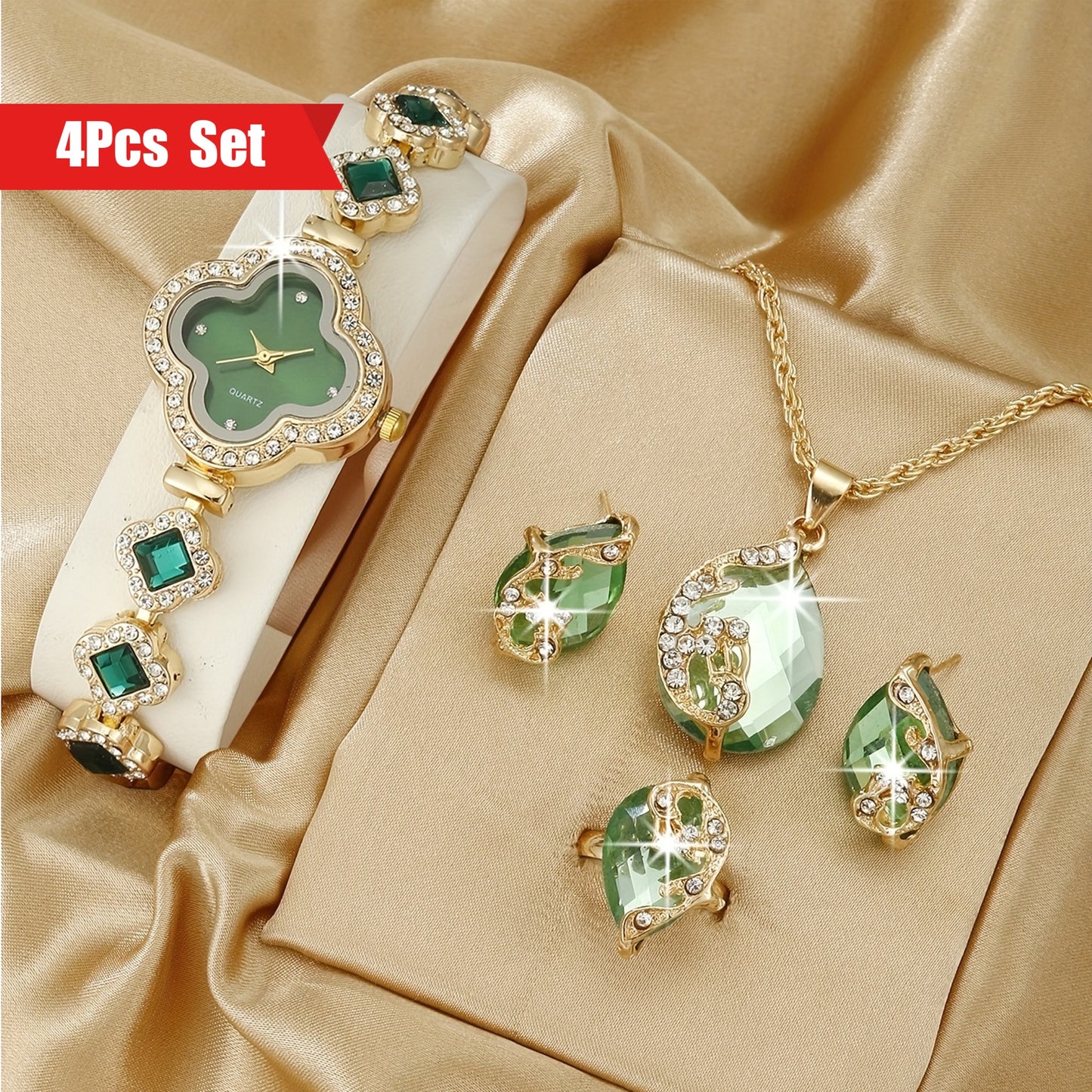 Baroque Elegance Clover Pointer Quartz Watch & Jewelry Set 🍀✨