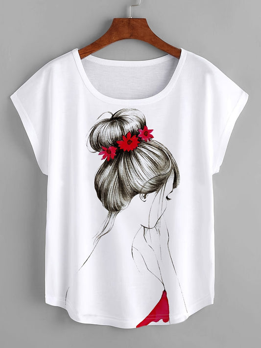 Portrait Print Casual Crew Neck T-Shirt