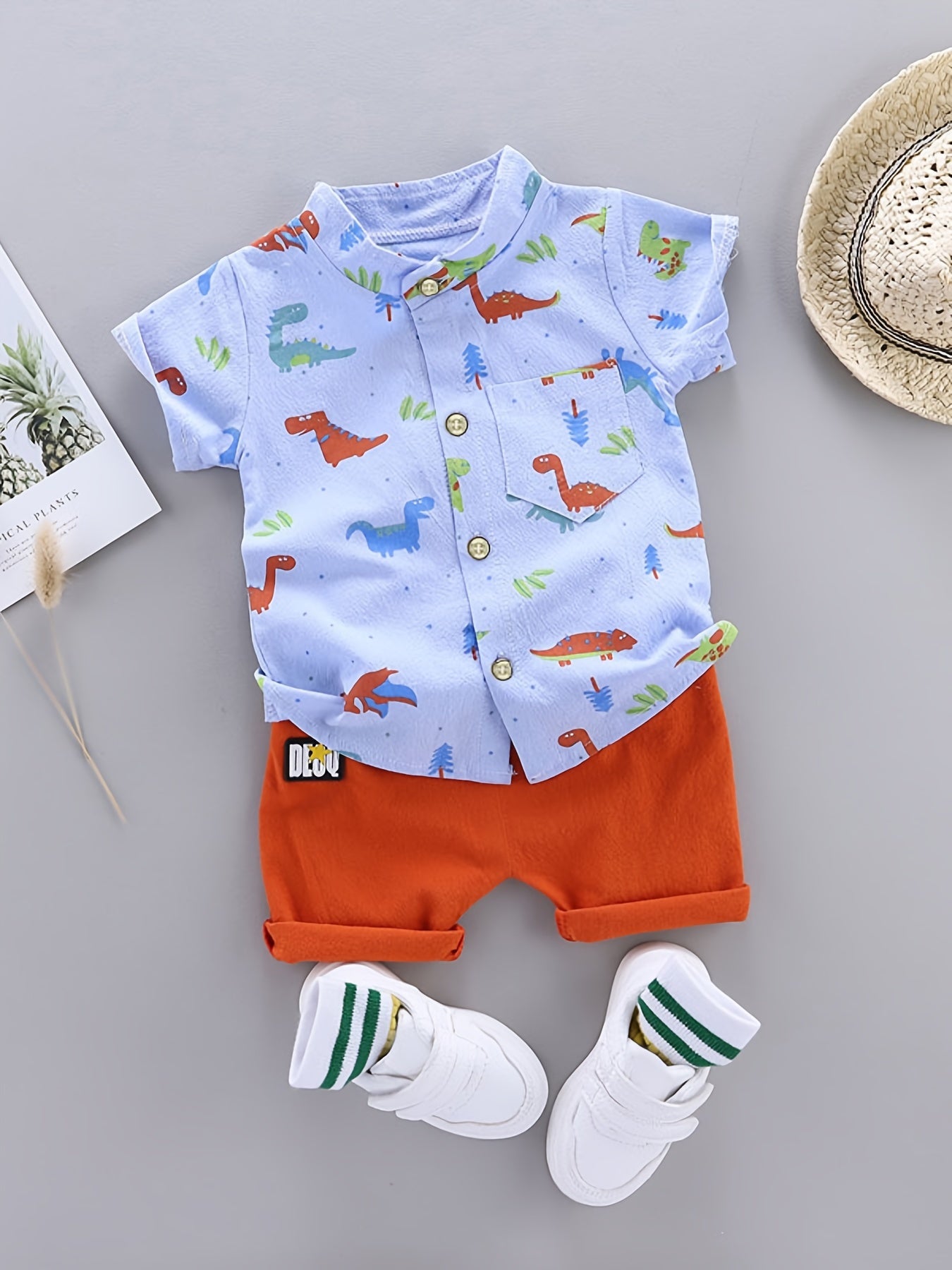 🦕 Baby Boys' Dinosaur Print Button Shirt & Elastic Waist Shorts Set – Adorable Summer Outfit 👶