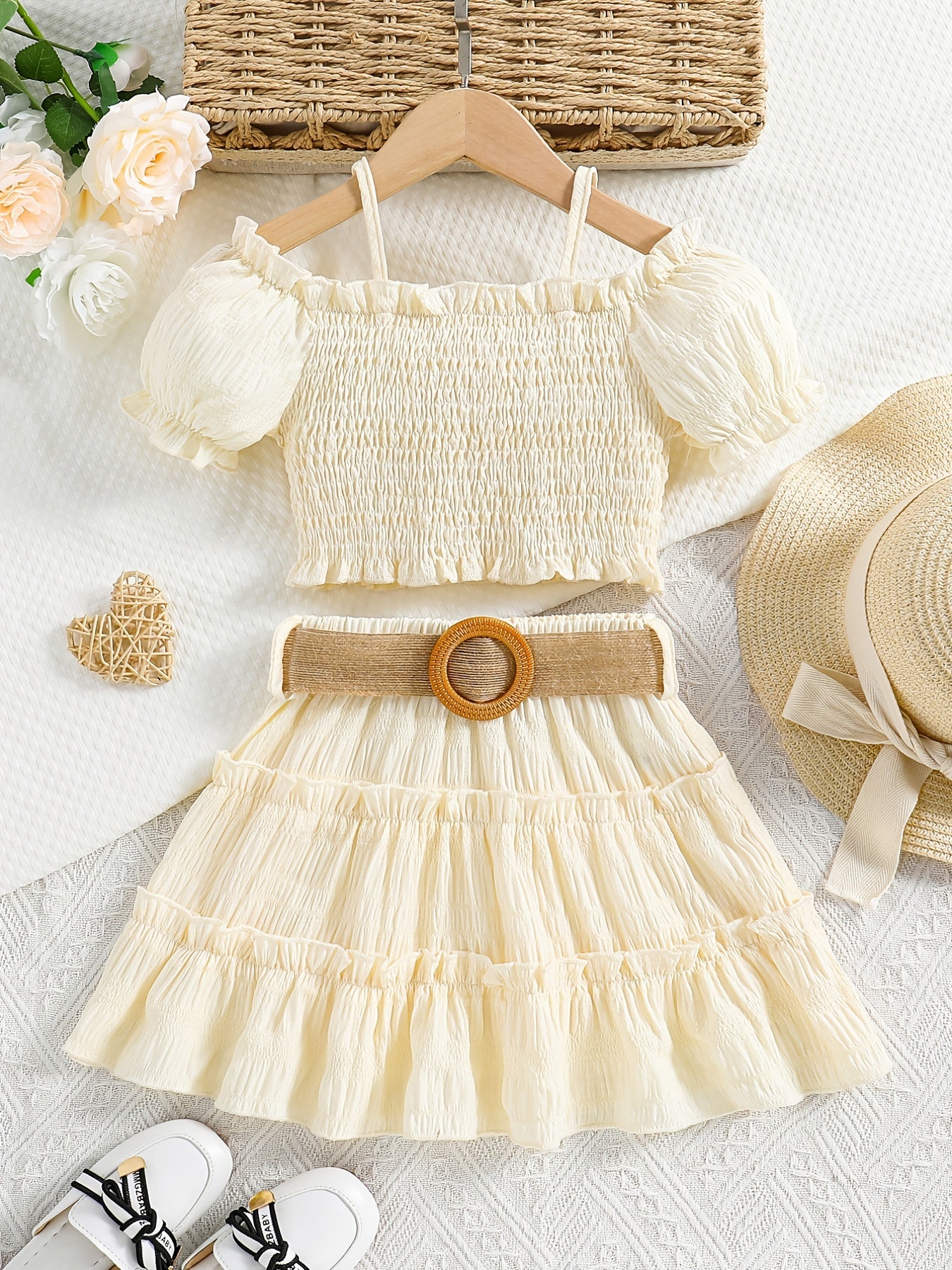 🌞 Girls' Elegant Cute Cami Off-Shoulder Ruffled Top & Skirt Set 👗