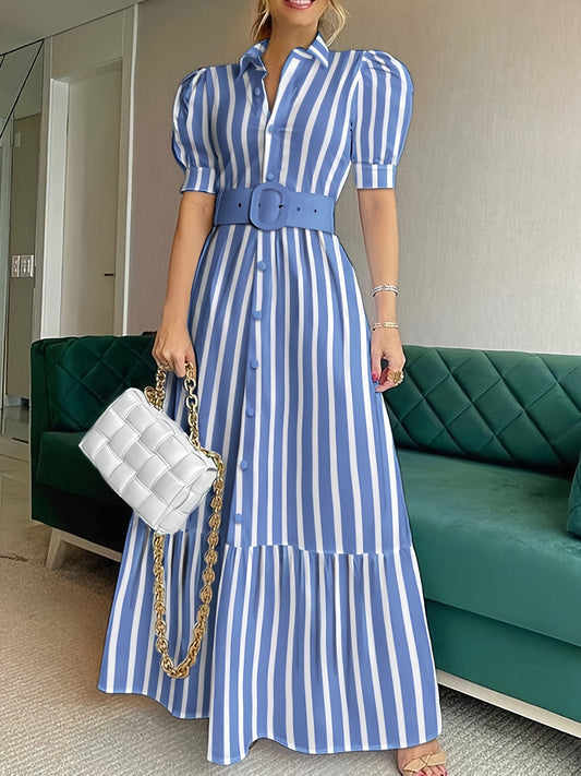 Striped Ruffle Belted Swing Dress