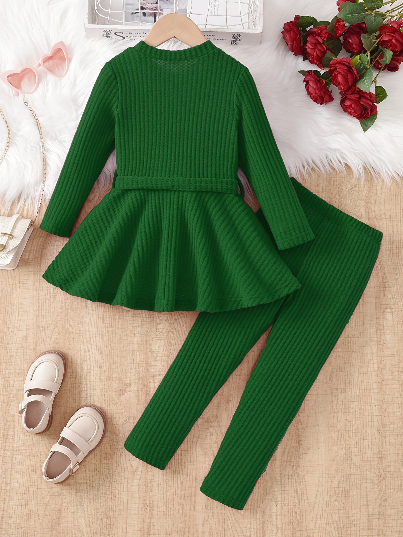 💖 Girls' Casual Waffle Knit Pullover Top with Bow and Long Sleeve Pants Set