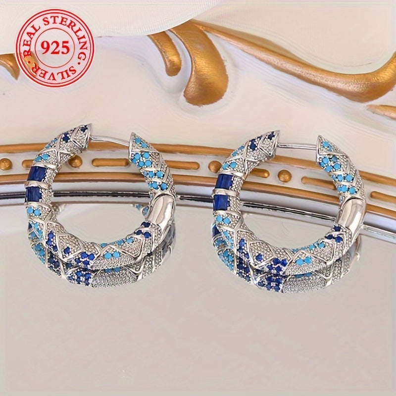 🌙 Tribal Silver Hoops – Blue Zirconia Elegance Collection 💎