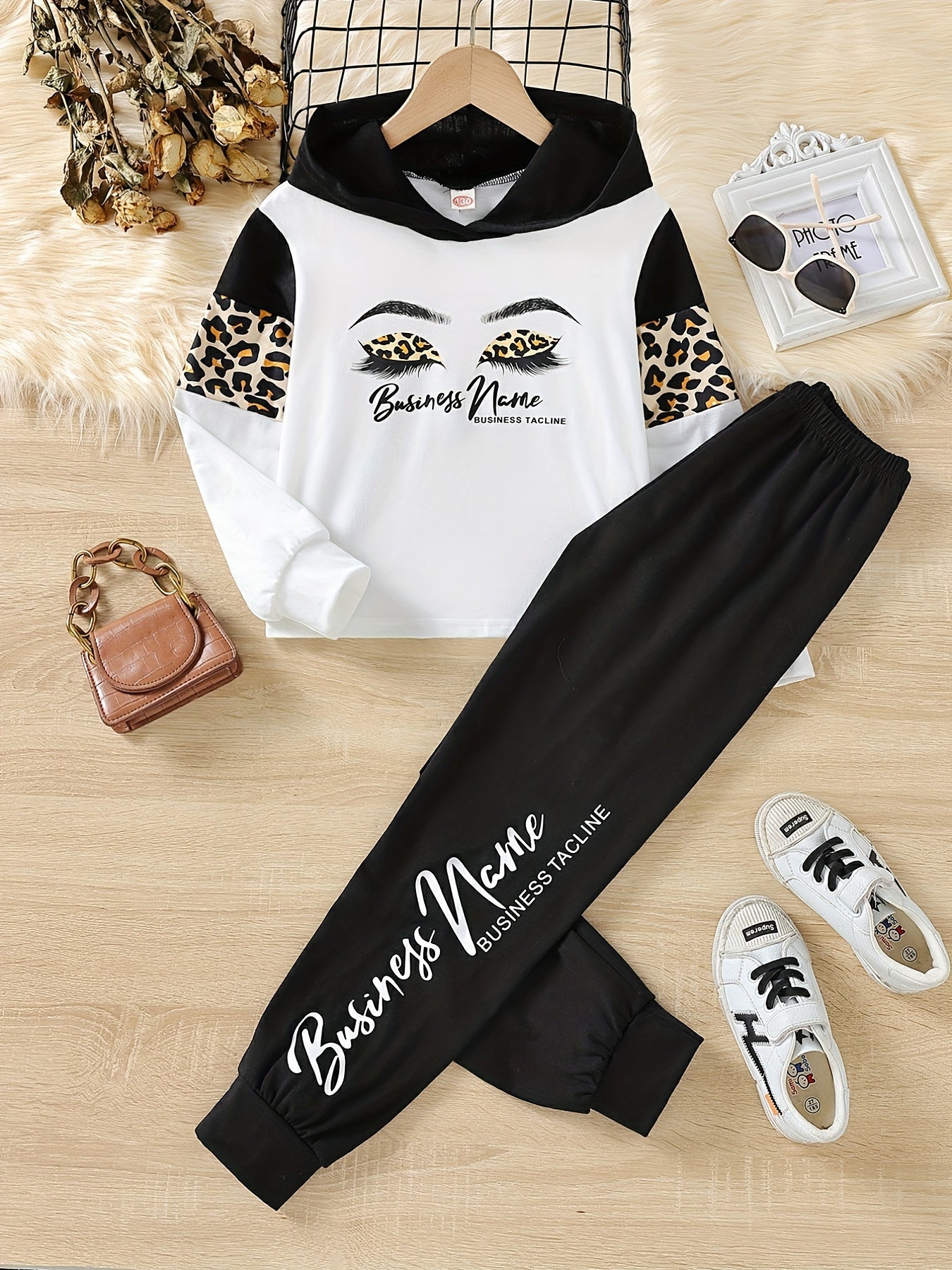 🐆 Girls' Eyelashes & Leopard Print Hoodie with Letter Print Trousers – 2-Piece Kids' Outfit 🌟