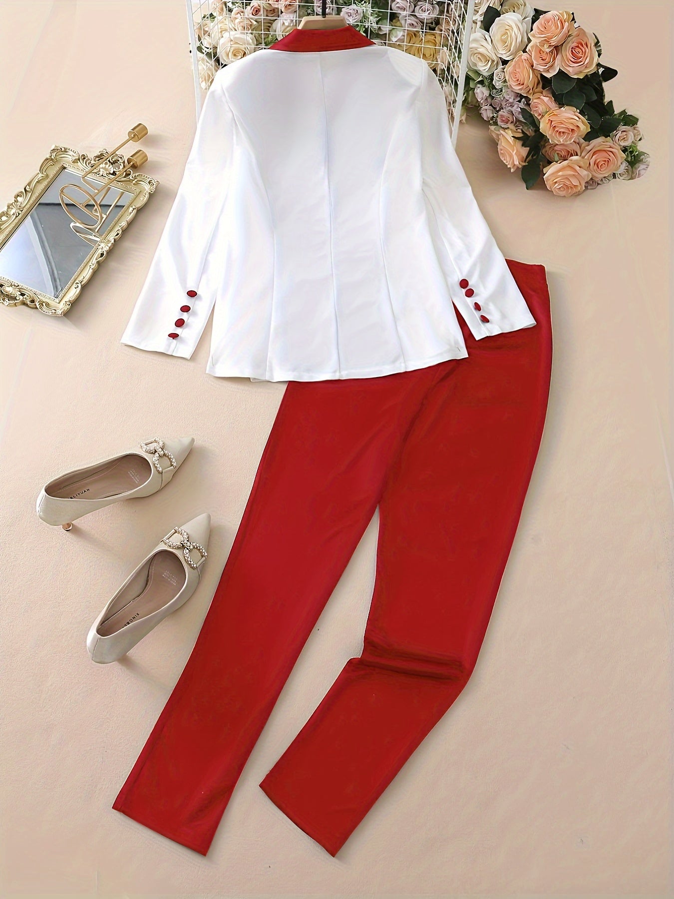 Color Block Two-Piece Set - Casual Button Front Blazer & Straight Leg Pants