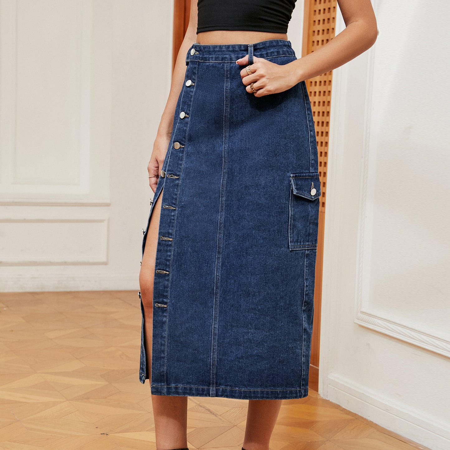 European And American Hot Girls Half Elastic Denim Cargo Pants Casual Skirt