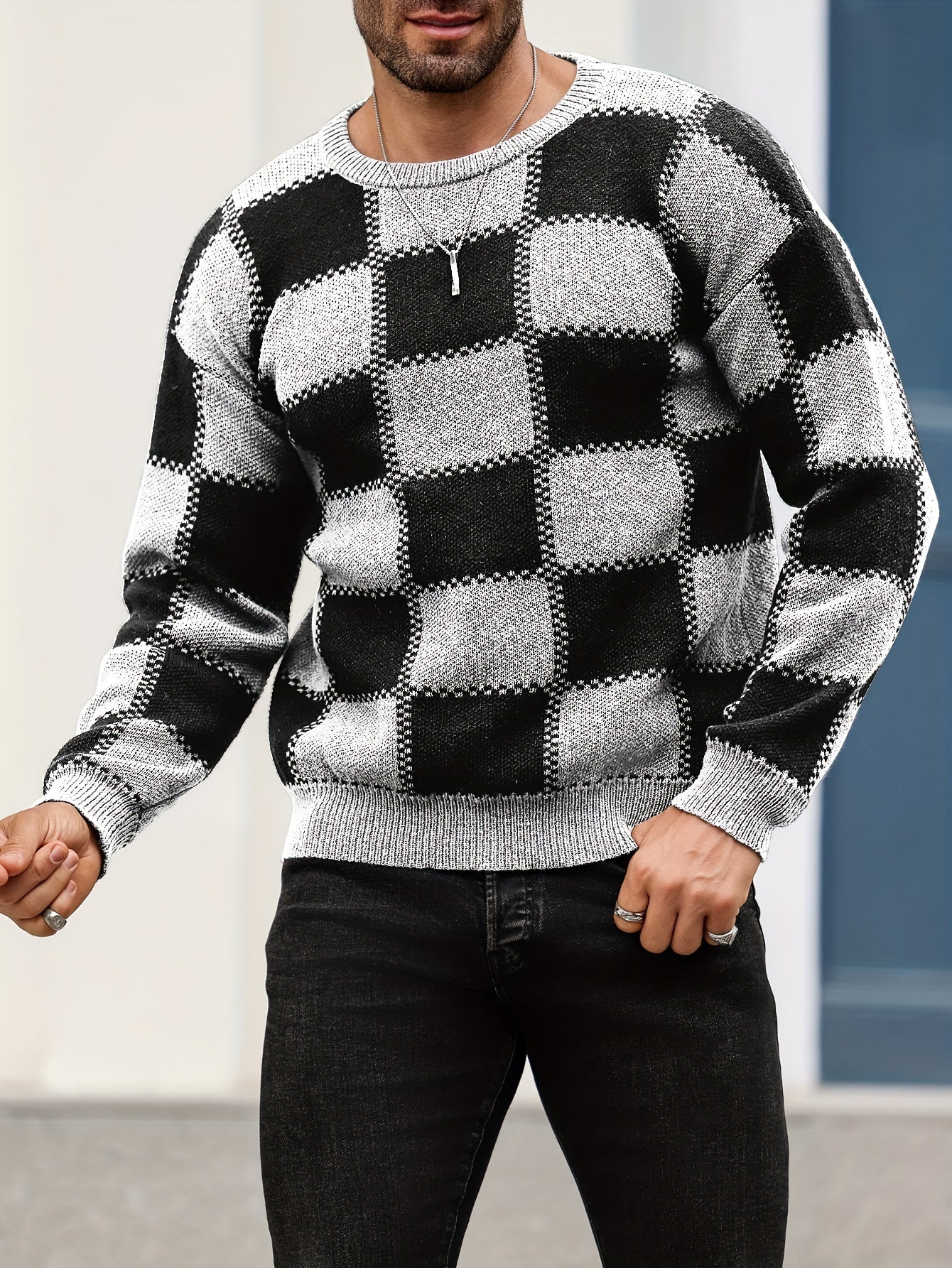 🎉 Men's Color Blocking Textured Checked Print Casual Trendy Sweater 🎉