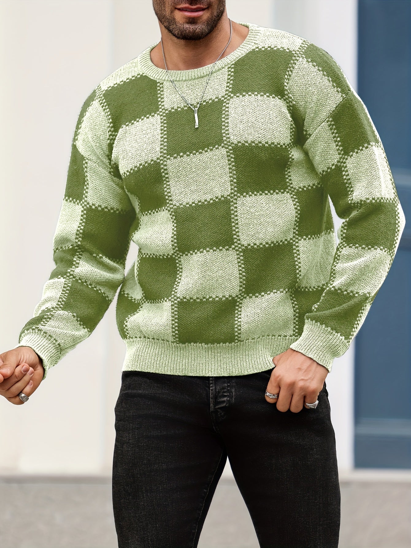 🎉 Men's Color Blocking Textured Checked Print Casual Trendy Sweater 🎉