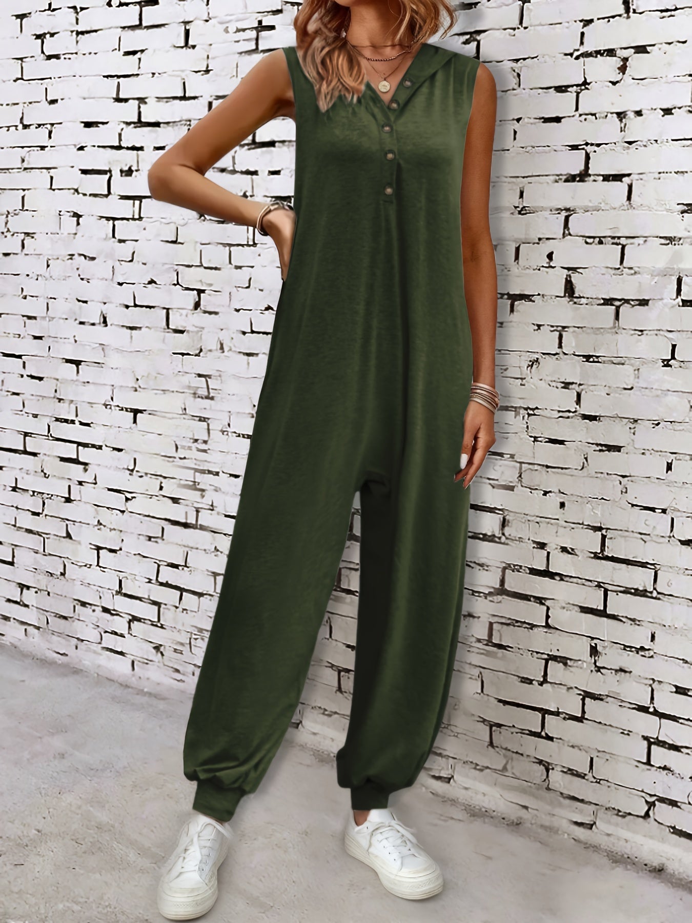 Solid Button Front Hooded Jumpsuit