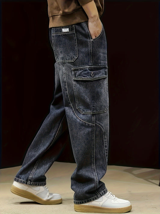 🌟 Men's Loose Solid Denim Barrel Pants With Multi Pockets 🌟