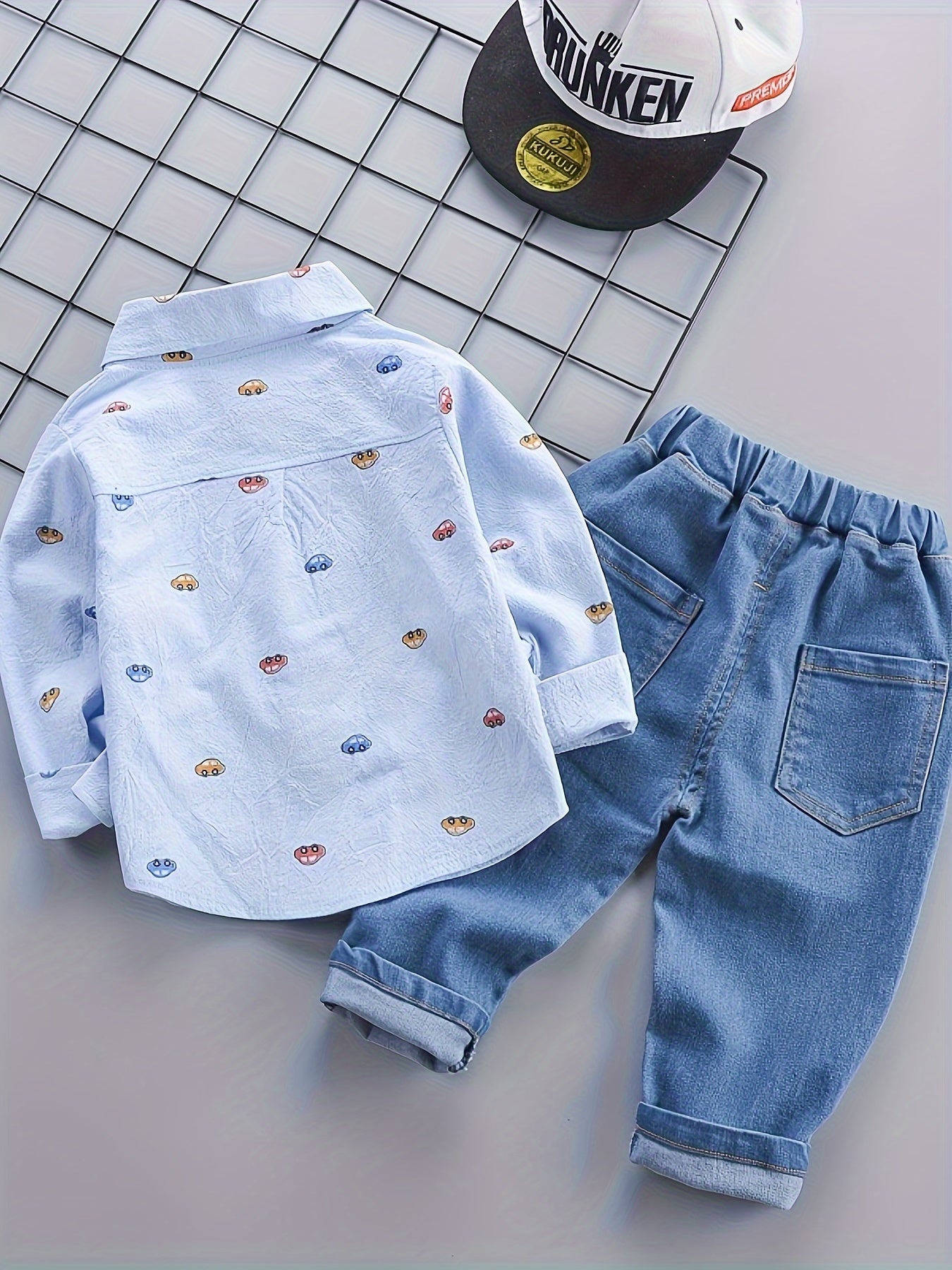 🚗 Baby Boy's 2Pcs Cartoon Cars Button Down Shirt & Elastic Pants Set