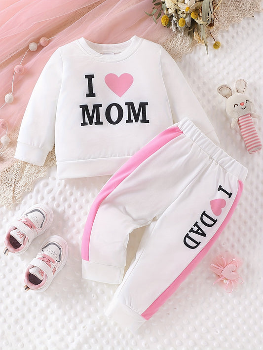 👶 Baby's "I Love Mom & Dad" Print 2-Piece Set: Sweatshirt + Color Clash Sweatpants 🩳