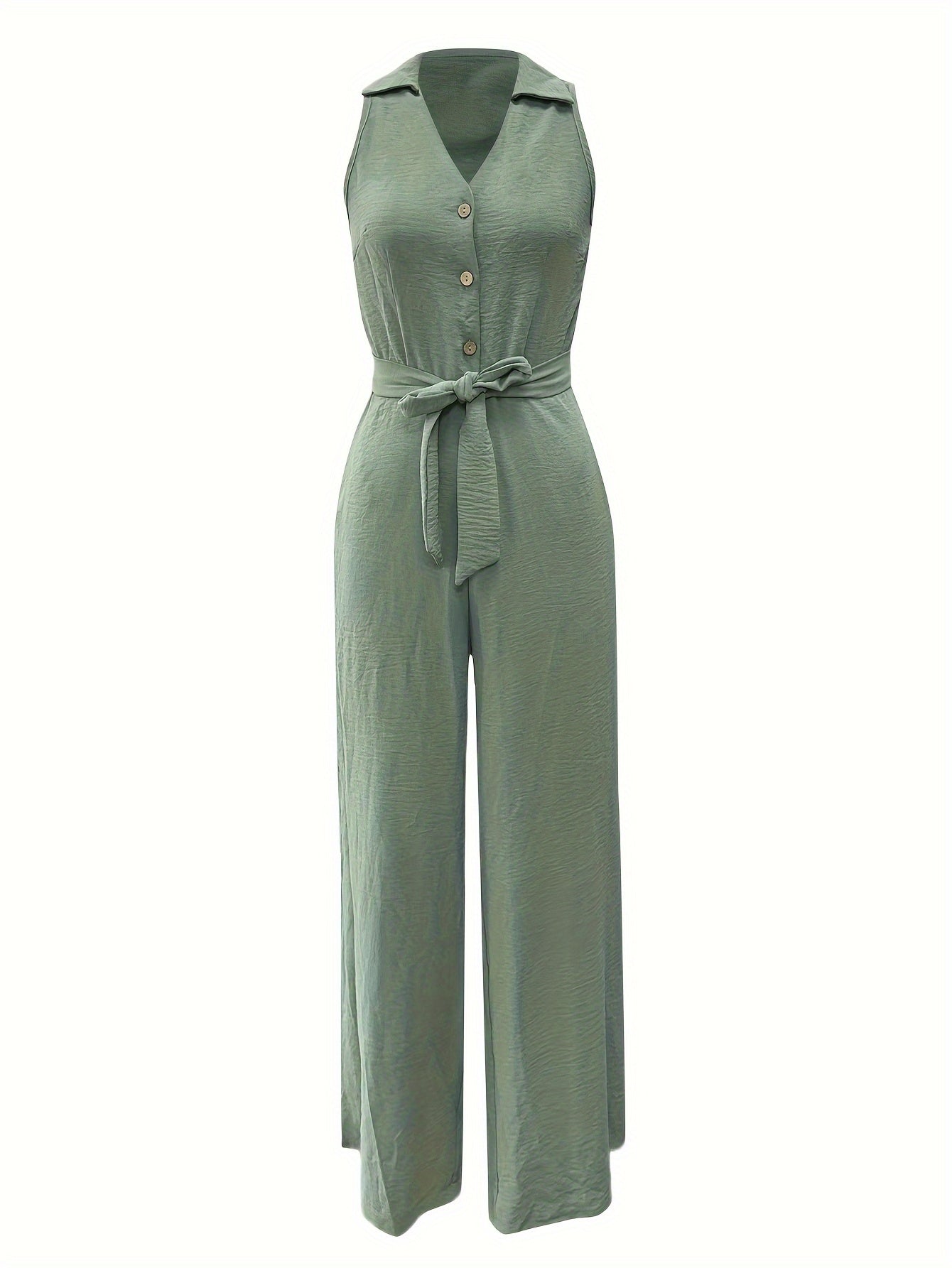 Button Front Solid Lapel Jumpsuit