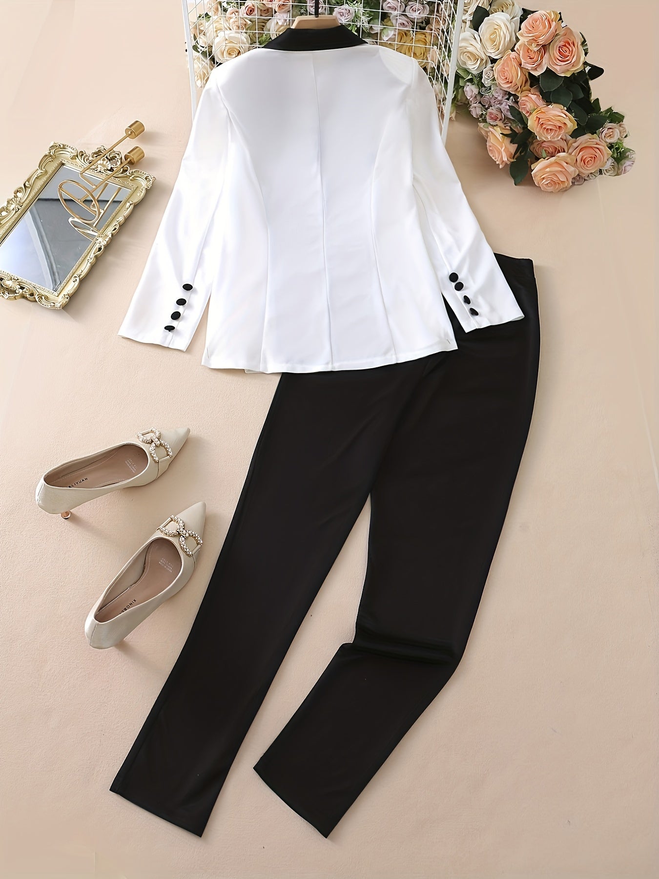 Color Block Two-Piece Set - Casual Button Front Blazer & Straight Leg Pants