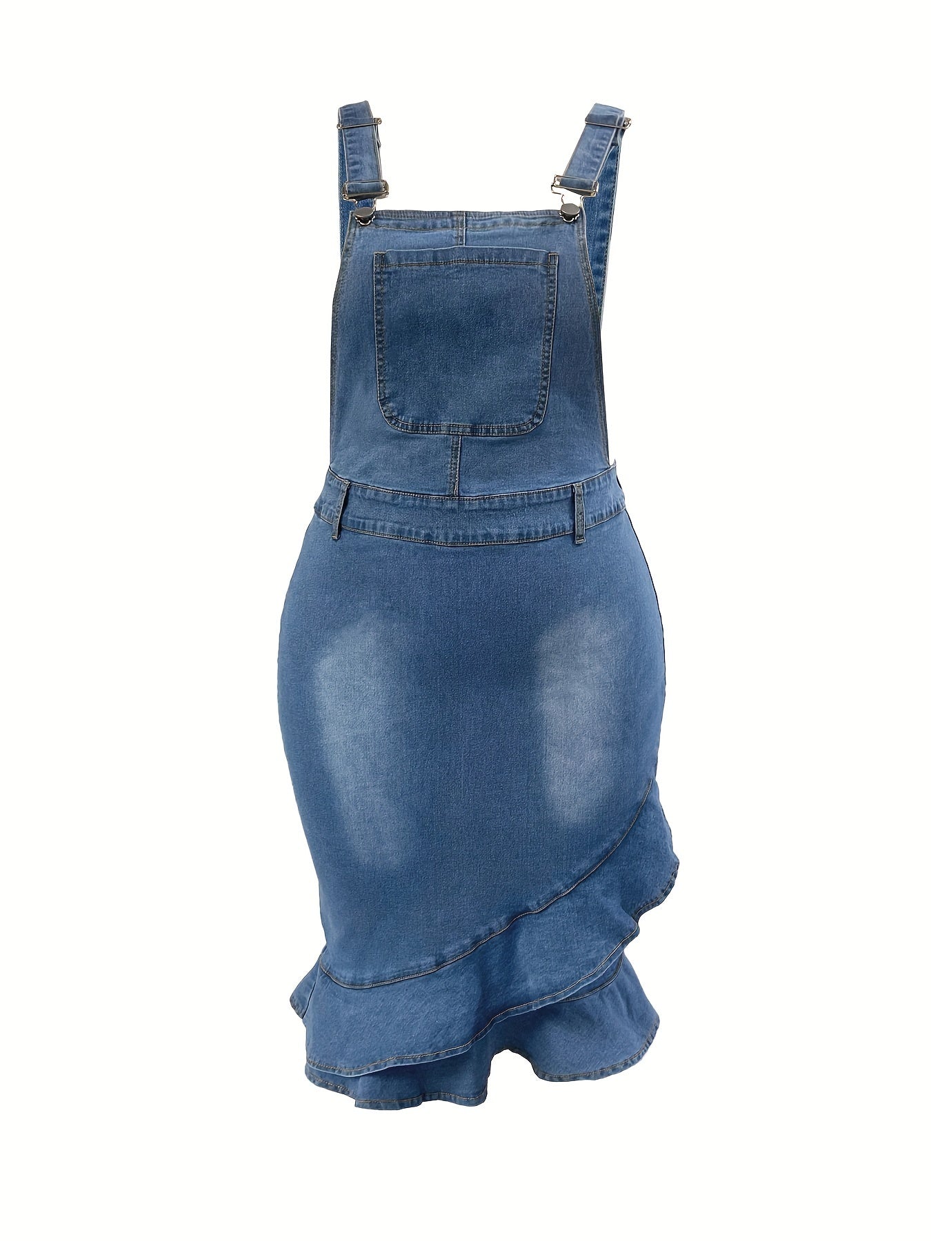 Plus-Size Asymmetric Ruffled Hem Plain Washed Blue Adjustable Strap Elegant Overalls Denim Dress 💙✨