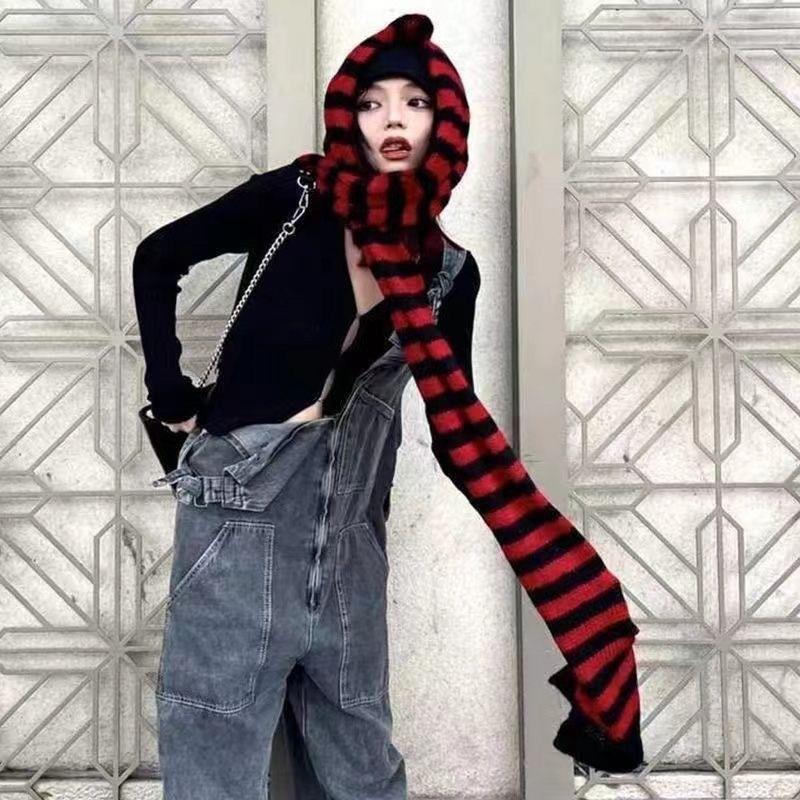 Yabi Style Culture Punk Y2g Black And Red Striped Scarf Extra Long Thermal Knitting Wool