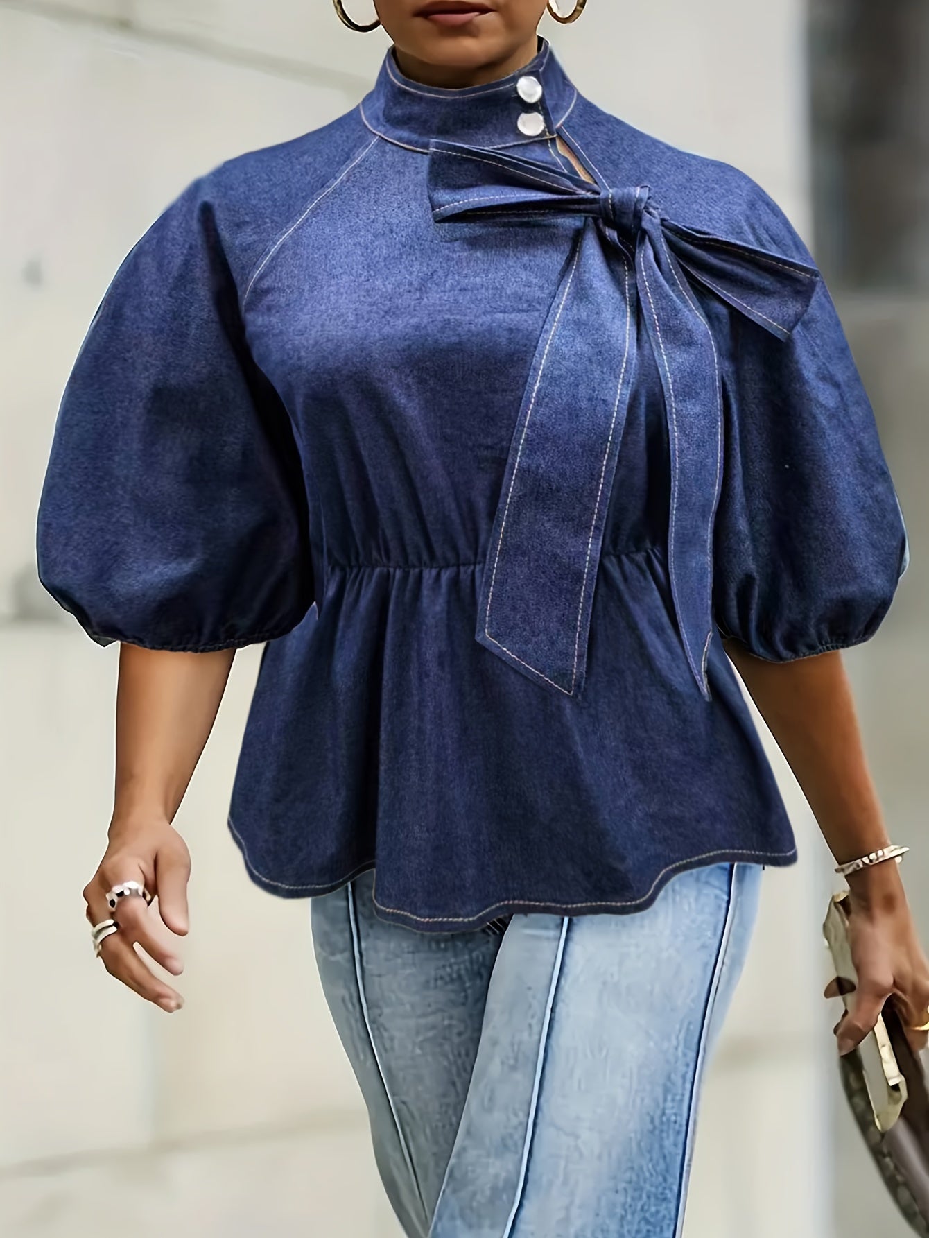 Plus Size Faux Denim Bow Detail Blouse 🌼👚