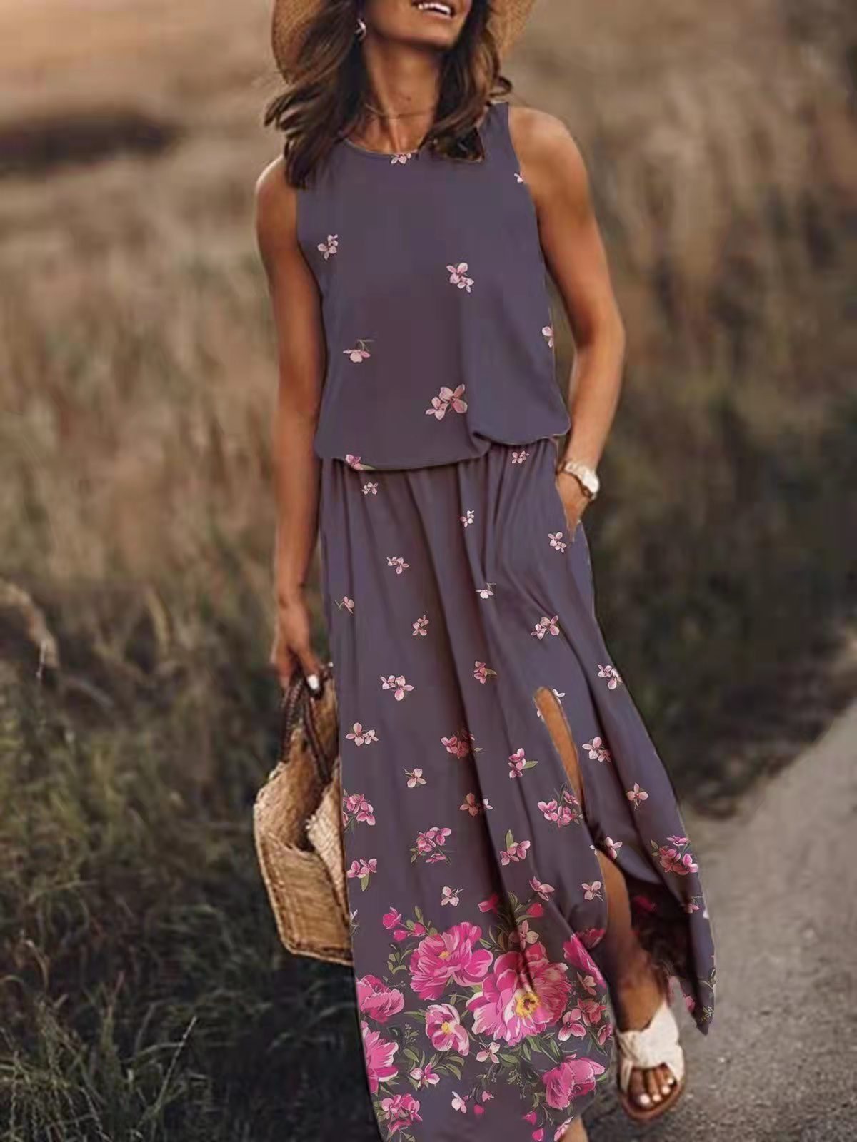 Stitching Printing Sling Long Women's Loose Split Dress