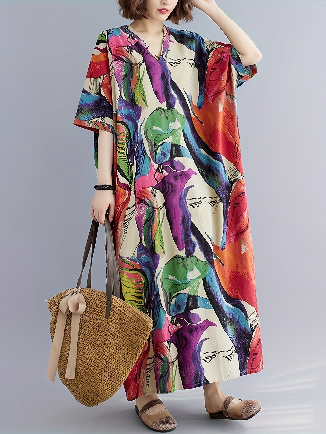 Abstract Print V-Neck Dress