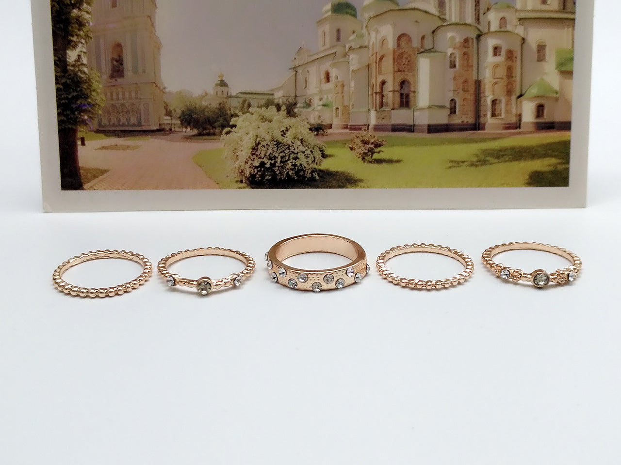 Euro Glam Rose Gold Diamond Stackable Rings: Set of Five Elegant Jewelry Pieces