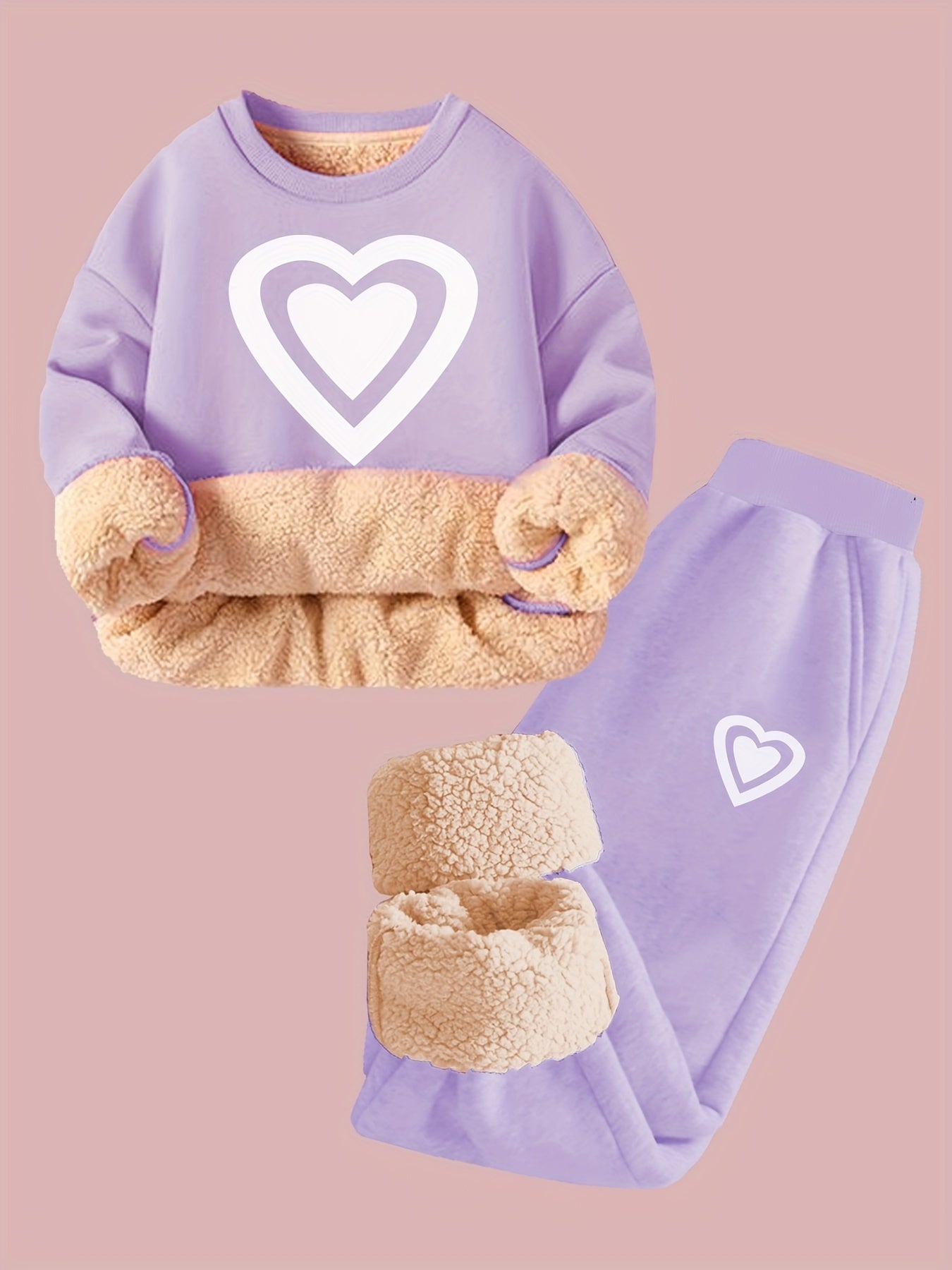 💖 Hearts Graphic Print 2-Piece Girls' Sweatshirt & Sweatpants Set – Cozy & Sporty Fall/Winter Outfit ❄️