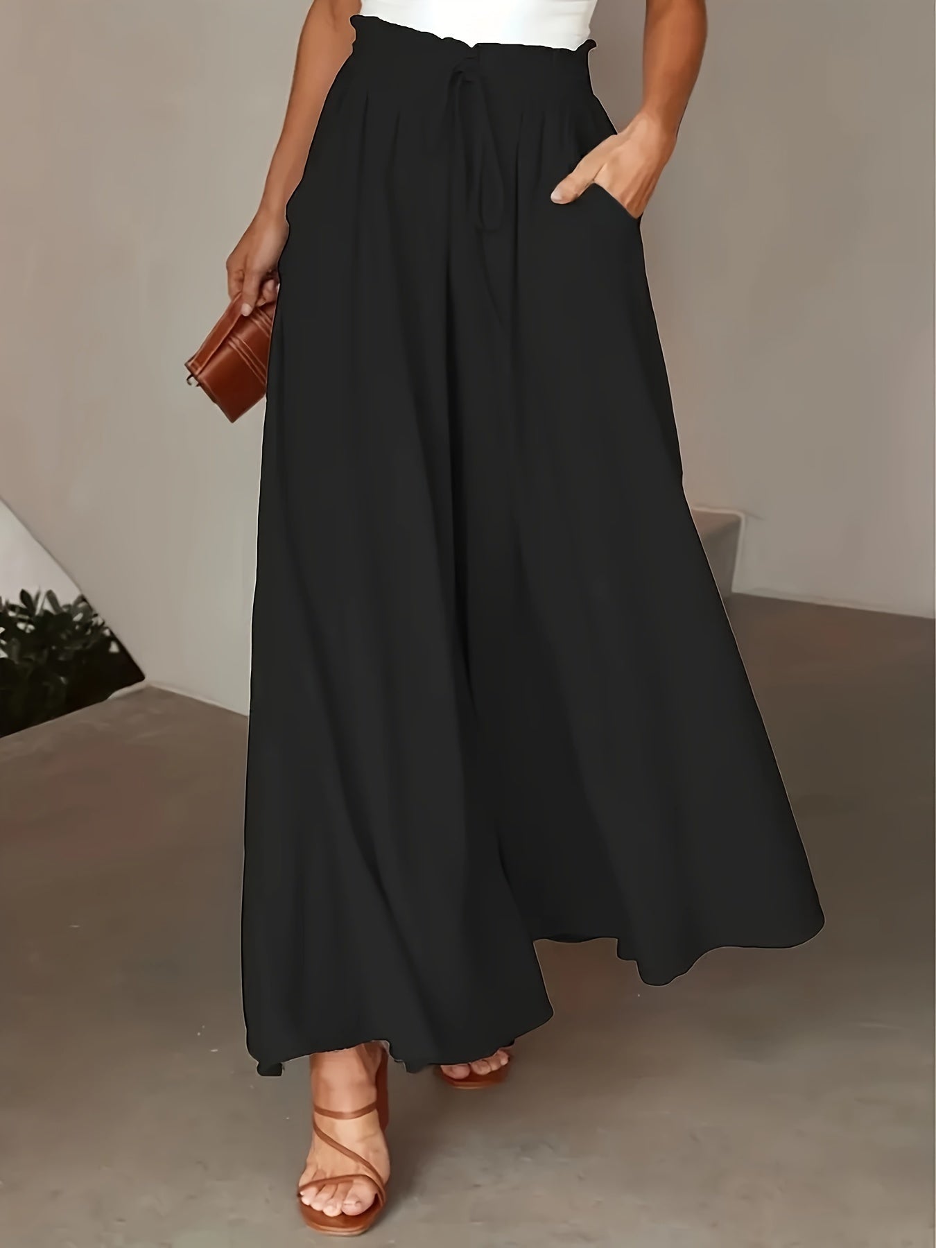 Elastic Waist Wide Leg Tied Pants