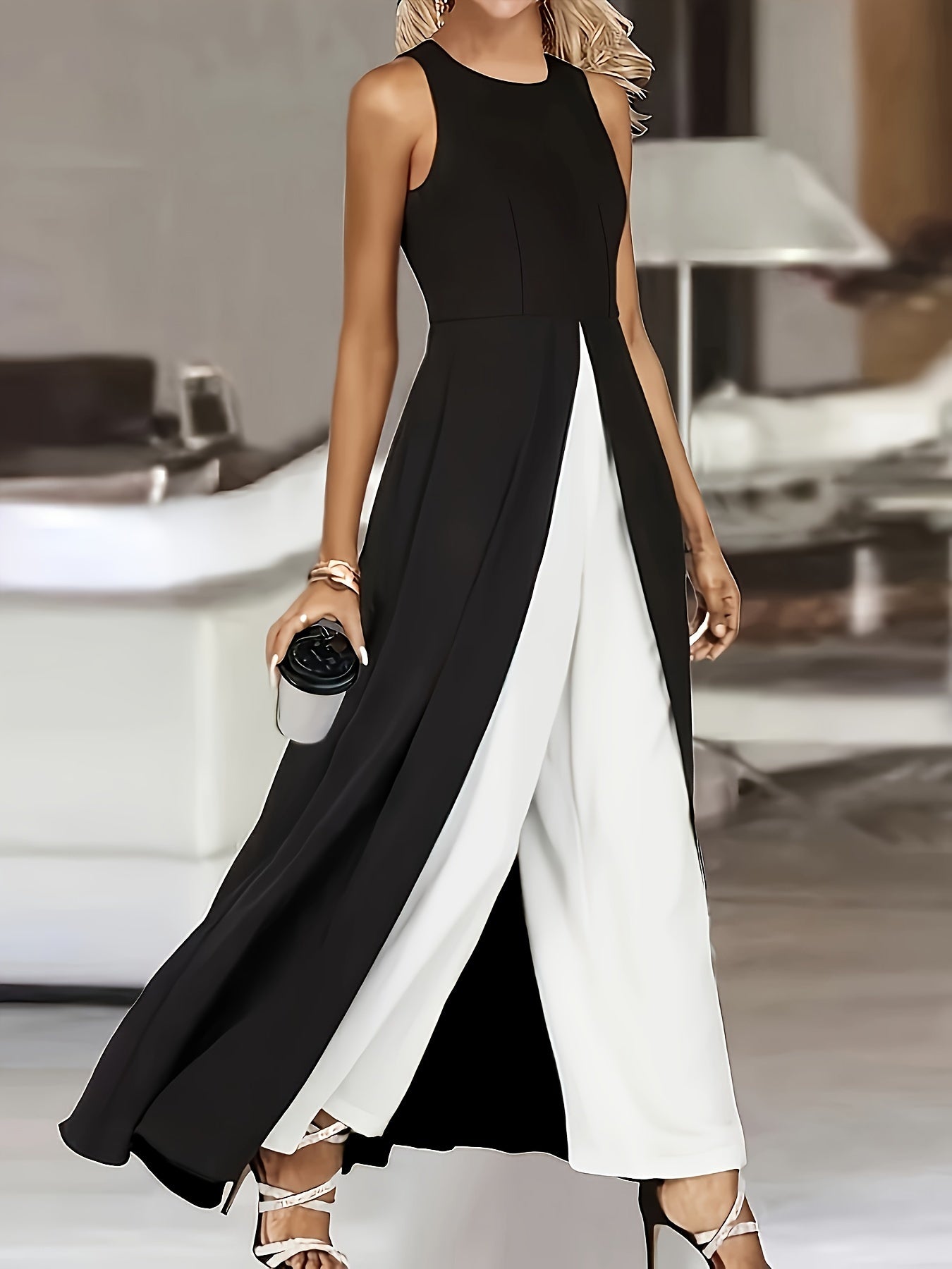 Color Block Crew Neck Jumpsuit - Elegant Sleeveless Wide Leg for Spring & Summer