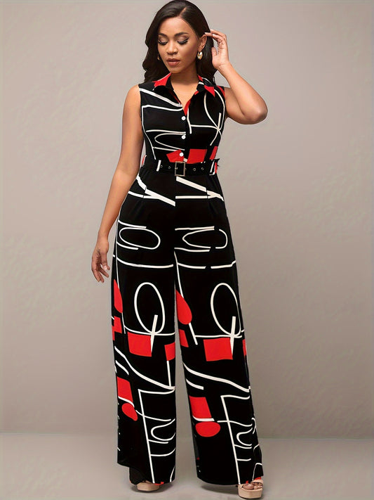 🌐 Geo Chic Button-Front Jumpsuit 🌐