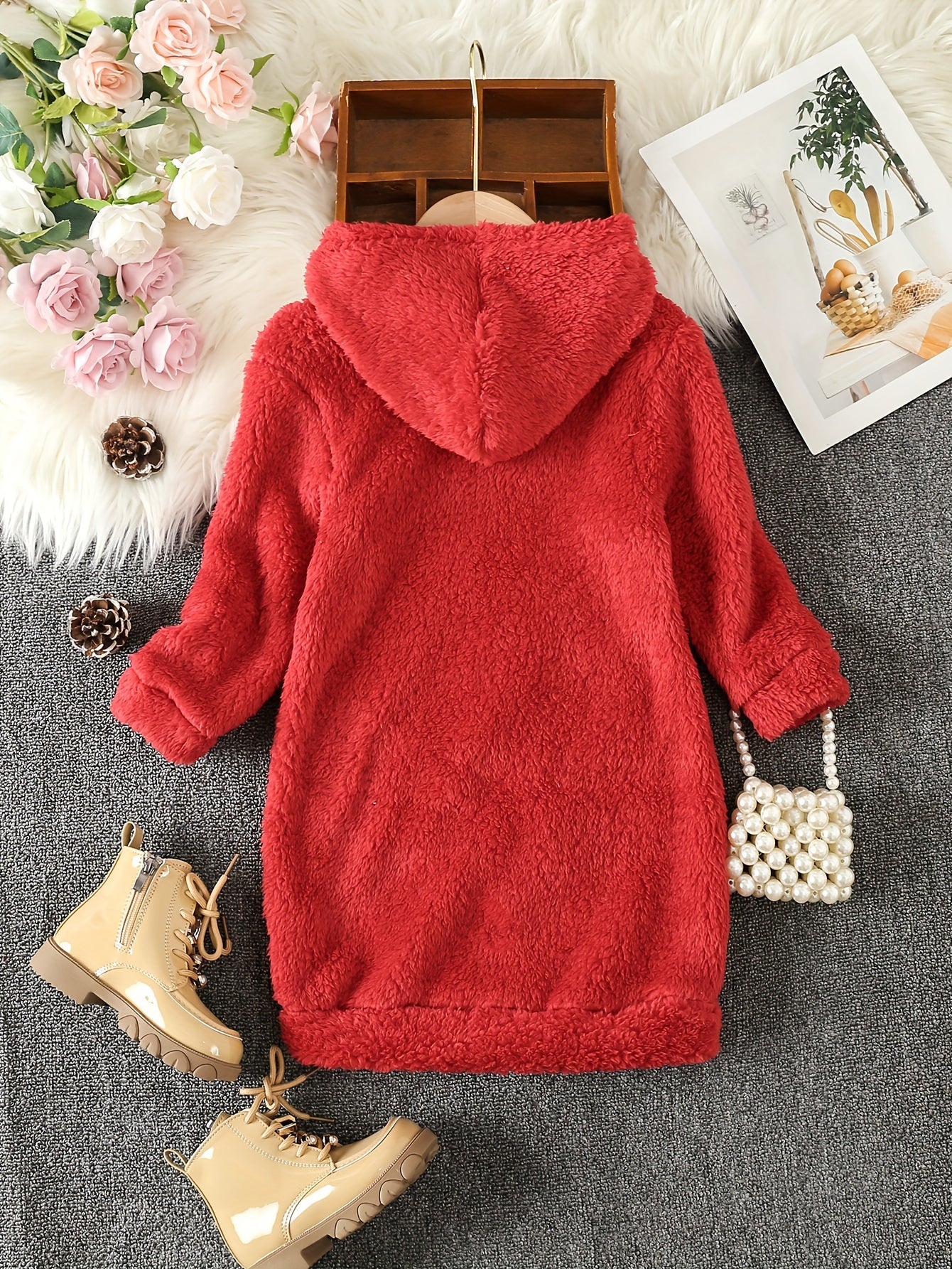 👗 Girls' Reversible Fleece Hooded Long Sleeve Dress with Letter Embroidery 👗