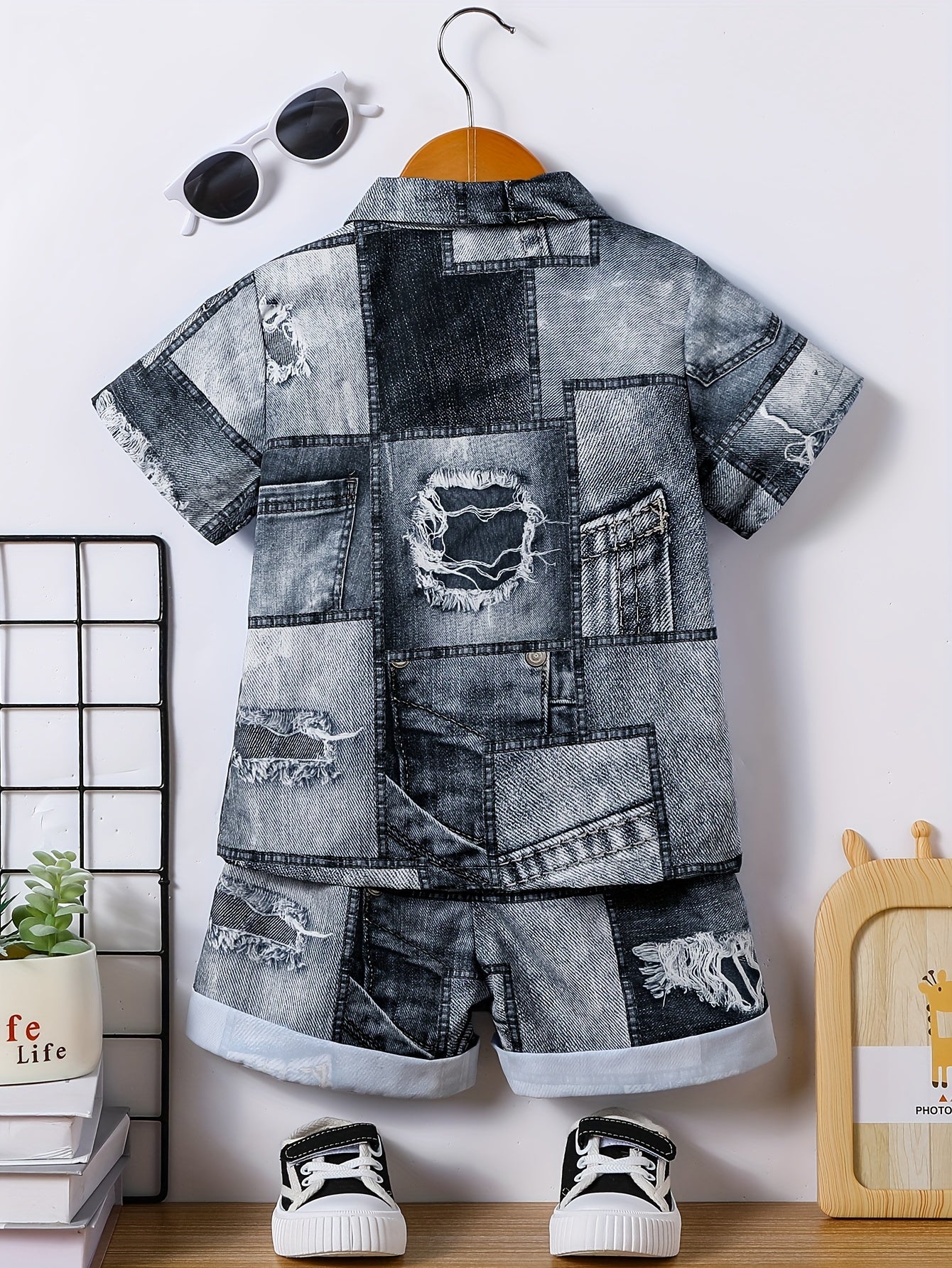 👖 2-Piece Boys' Casual Imitation Denim Shirt & Shorts Set – Cool & Comfy Summer Outfit 🌟