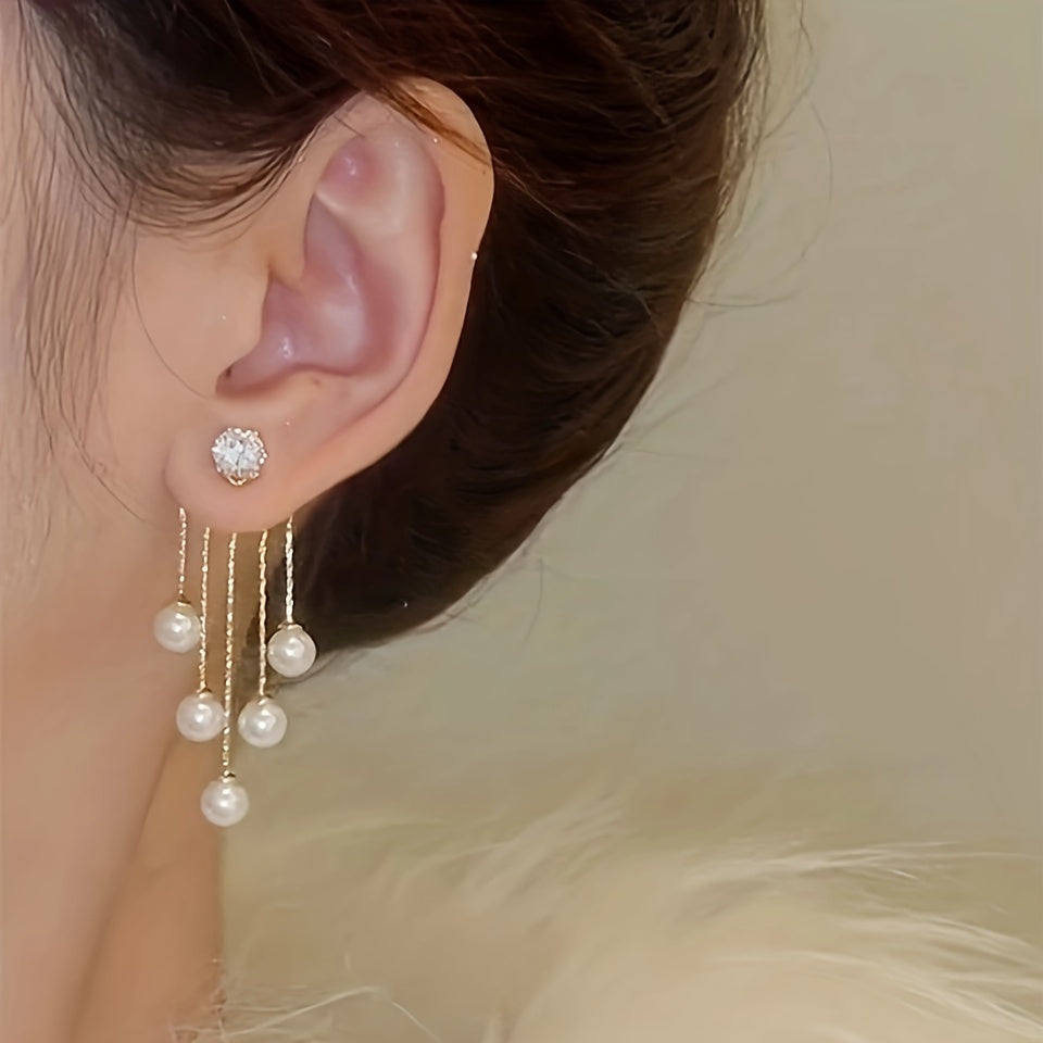 Faux Pearl Tassel & Shiny Zirconia Dangle Earrings 💎✨