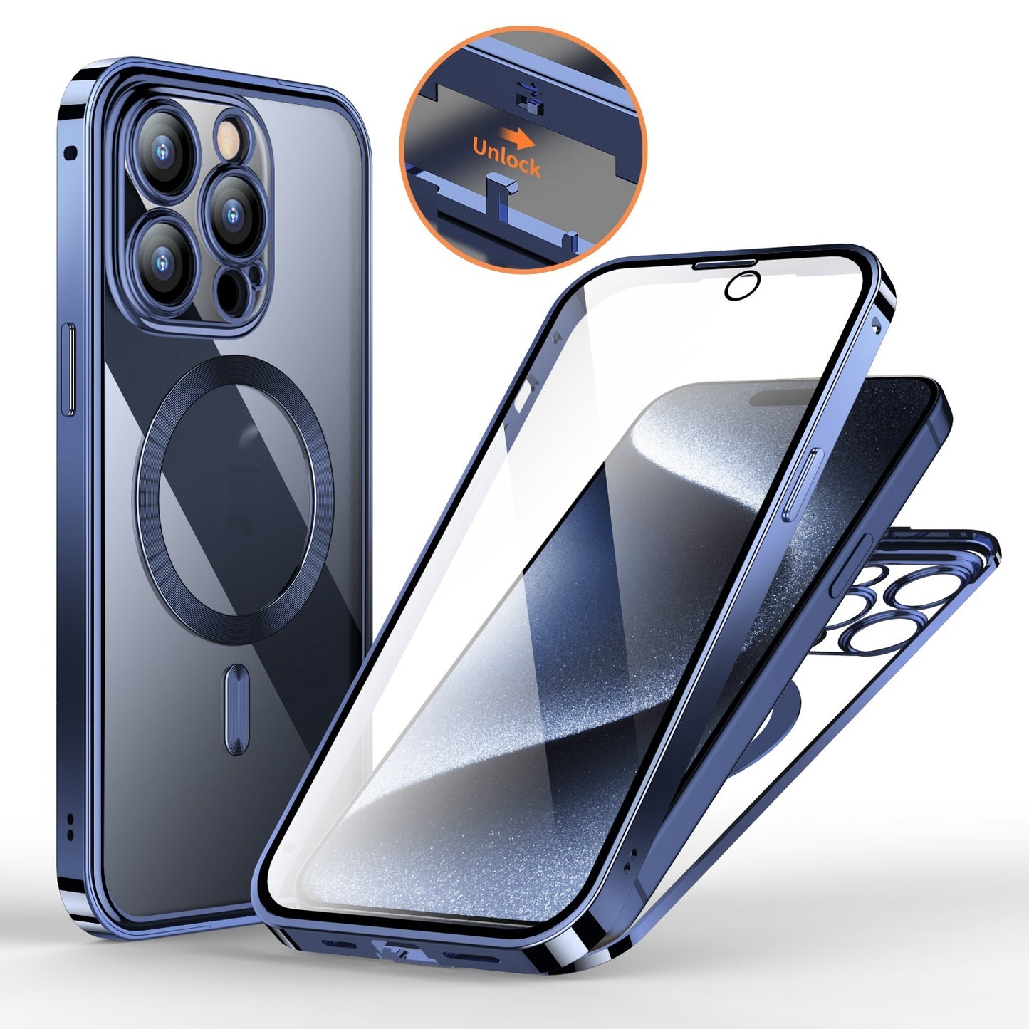 Secure Shield Magnetic Metal Buckle Phone Case: Double-Sided Lens Protection with Wireless Charging Support