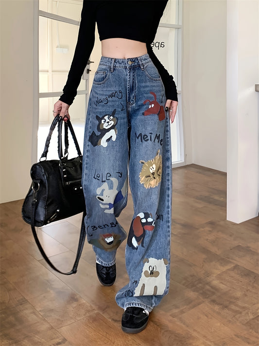 Chic Cartoon Print High-Waist Straight-Leg Jeans 👖✨