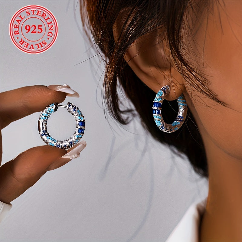 🌙 Tribal Silver Hoops – Blue Zirconia Elegance Collection 💎