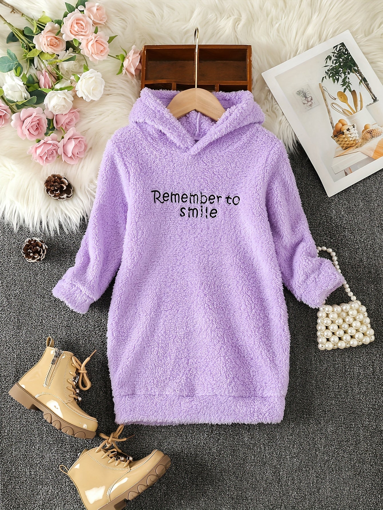 👗 Girls' Reversible Fleece Hooded Long Sleeve Dress with Letter Embroidery 👗